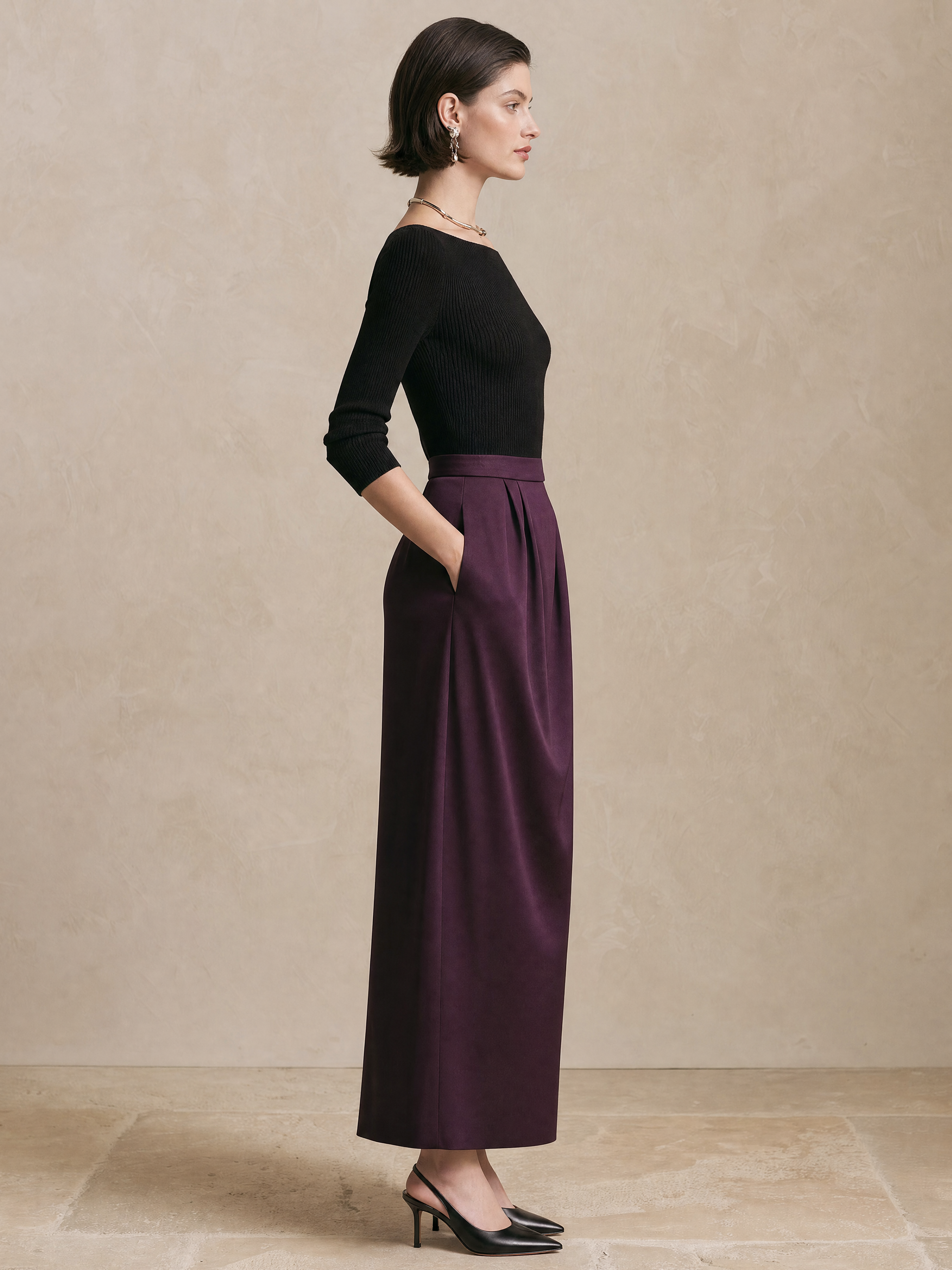 Elegant Black Boat Neck Knit Top & Jewel Purple Satin Maxi Skirt Set