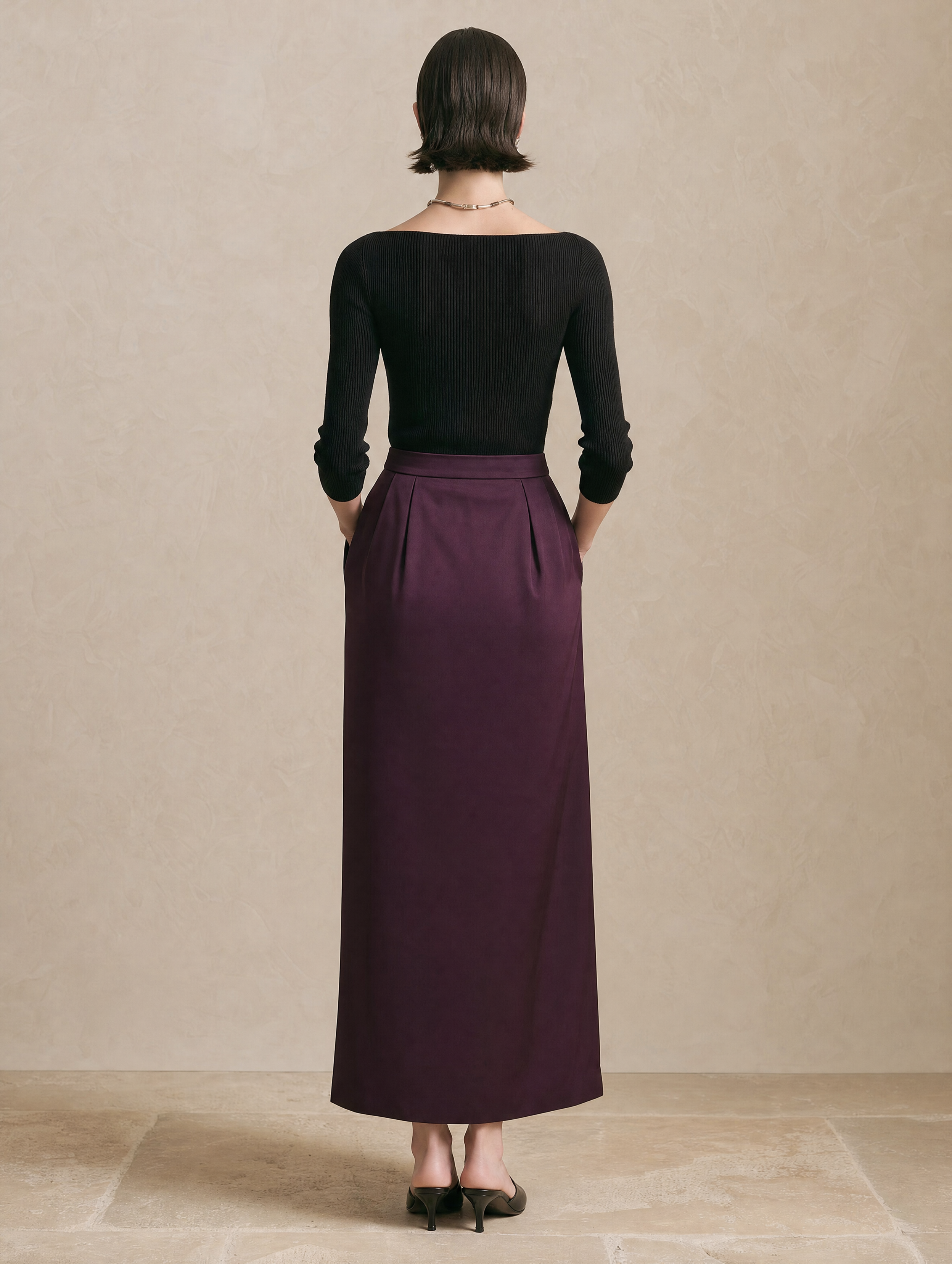 Elegant Black Boat Neck Knit Top & Jewel Purple Satin Maxi Skirt Set