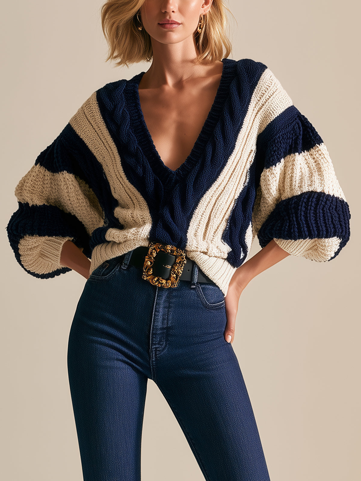 Navy And Cream Striped V-Neck Chunky Knit Sweater With Balloon Sleeves