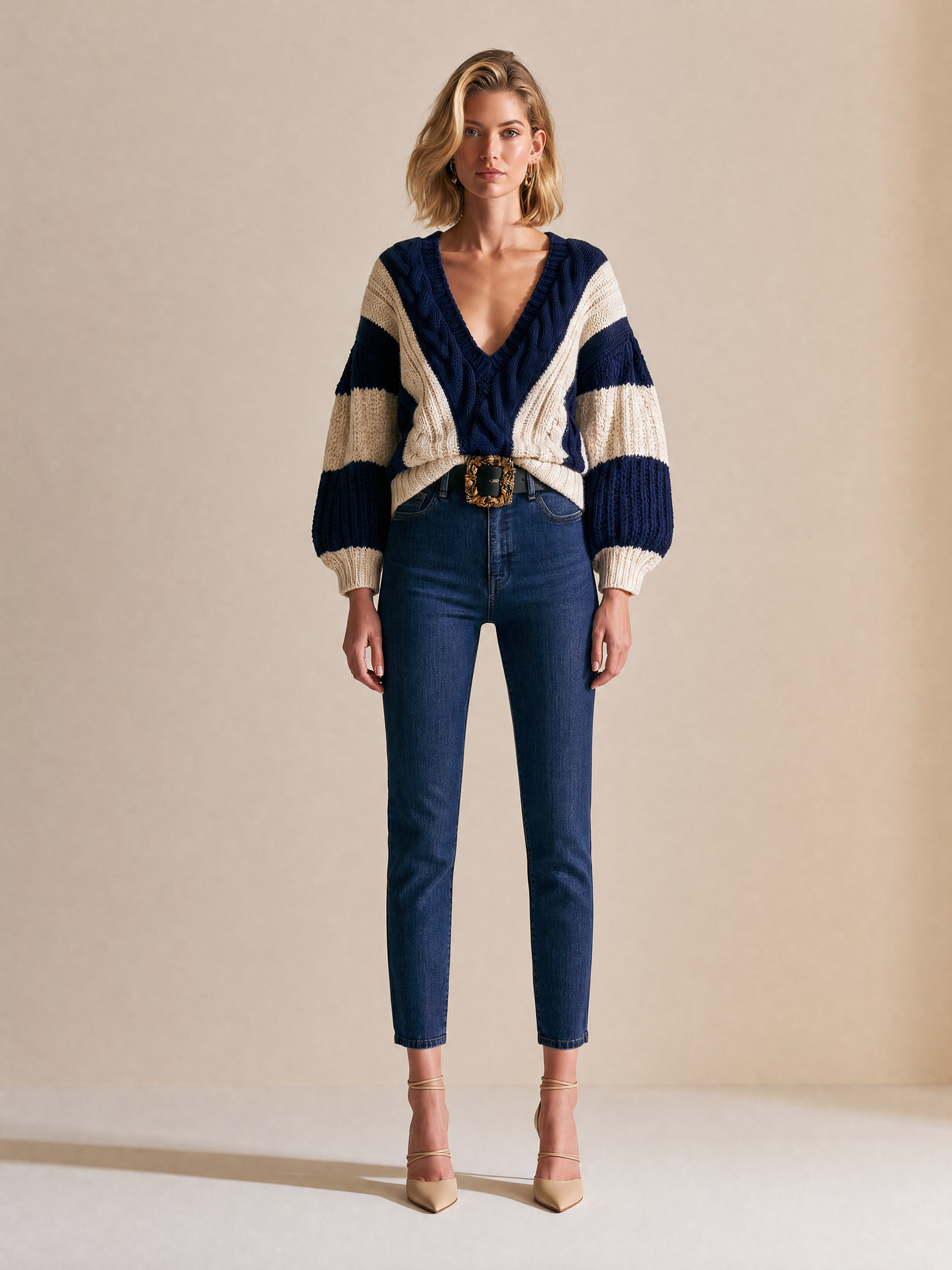 Navy And Cream Striped V-Neck Chunky Knit Sweater With Balloon Sleeves