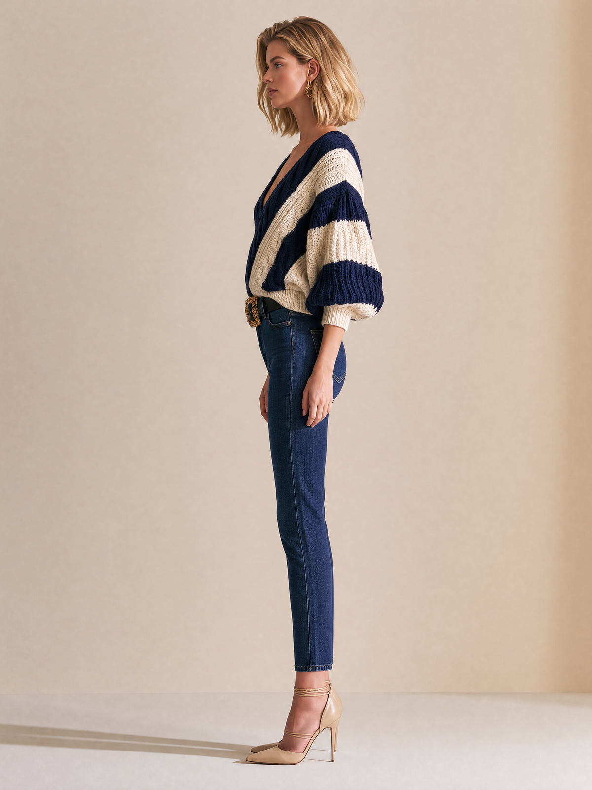 Navy And Cream Striped V-Neck Chunky Knit Sweater With Balloon Sleeves