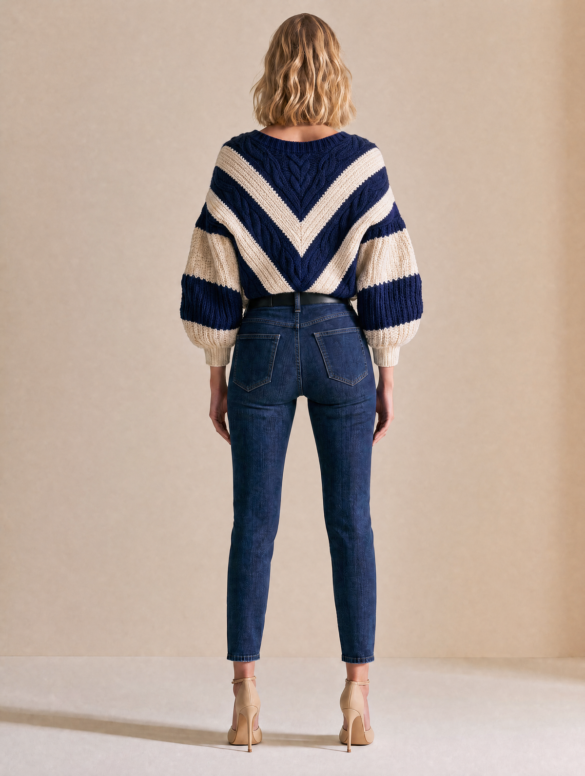Navy And Cream Striped V-Neck Chunky Knit Sweater With Balloon Sleeves