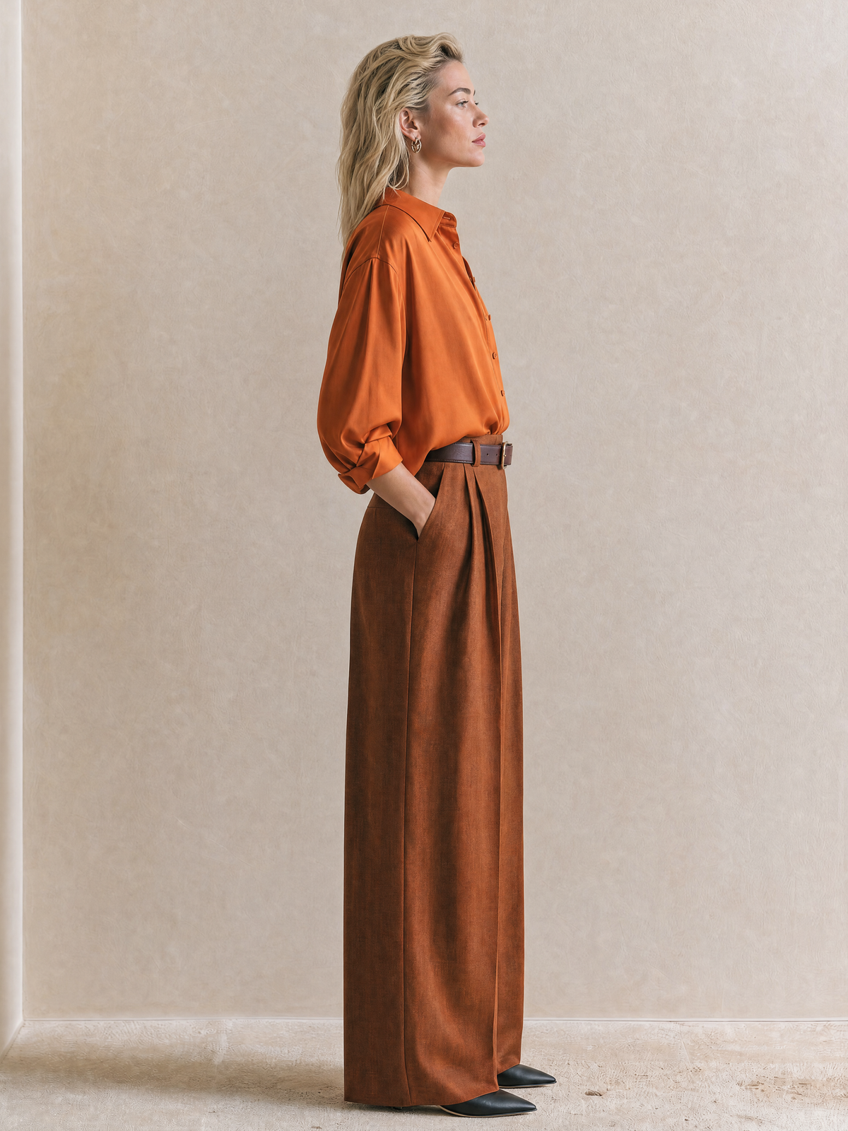 Elegant Orange Acetate Shirt & Reddish Brown Wide-Leg Tailored Pants Set
