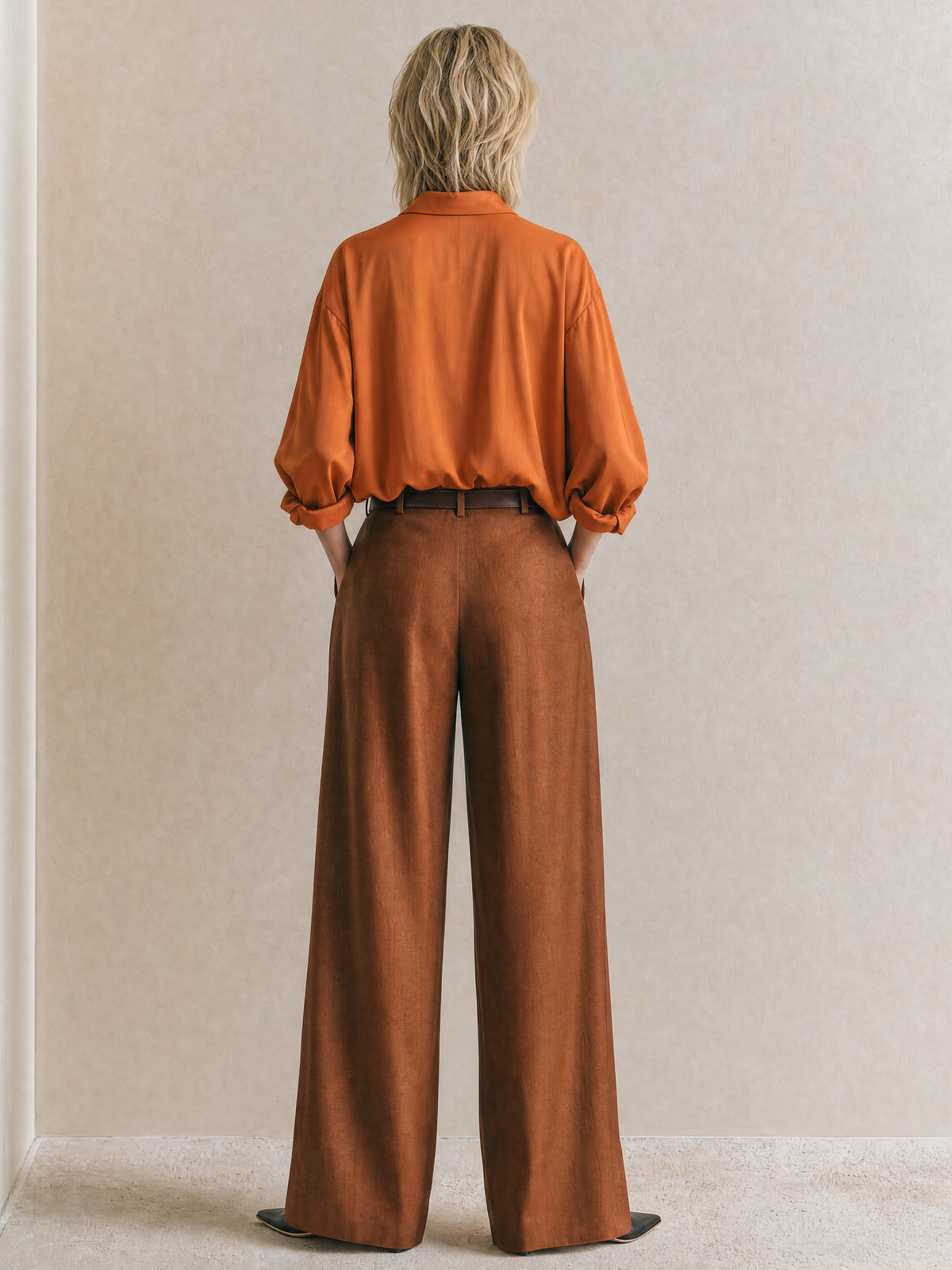 Elegant Orange Acetate Shirt & Reddish Brown Wide-Leg Tailored Pants Set