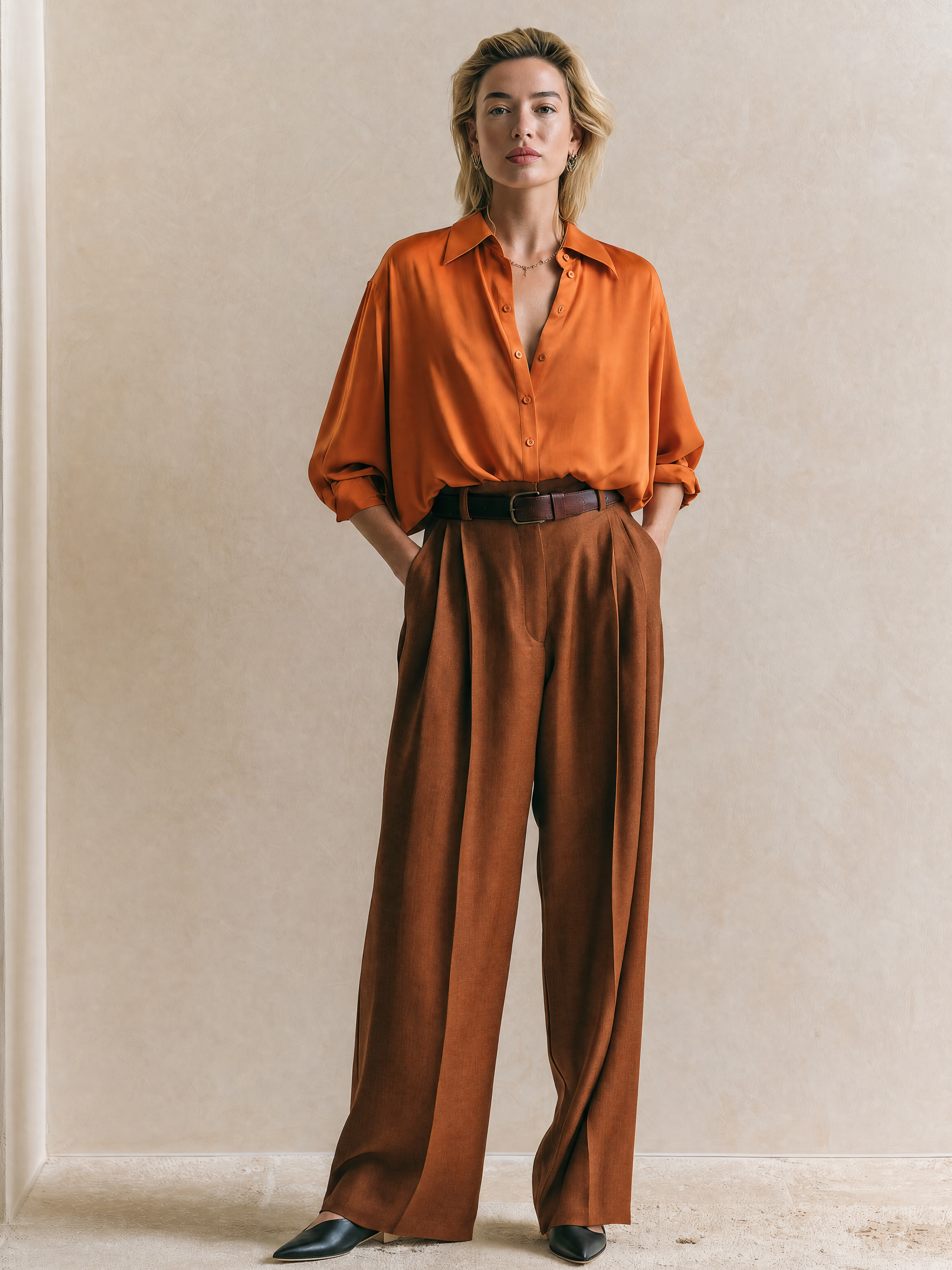 Elegant Orange Acetate Shirt & Reddish Brown Wide-Leg Tailored Pants Set