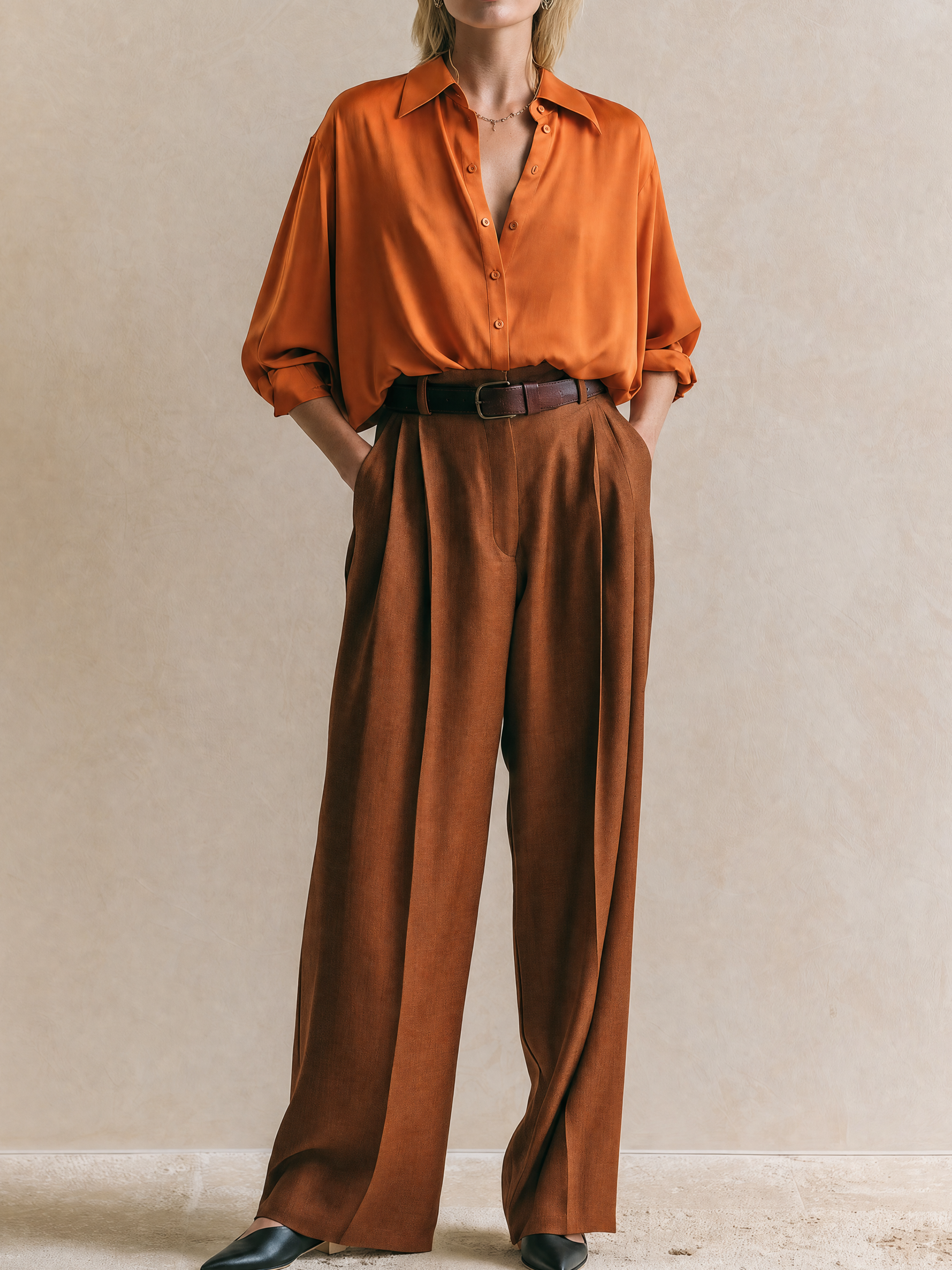 Elegant Orange Acetate Shirt & Reddish Brown Wide-Leg Tailored Pants Set