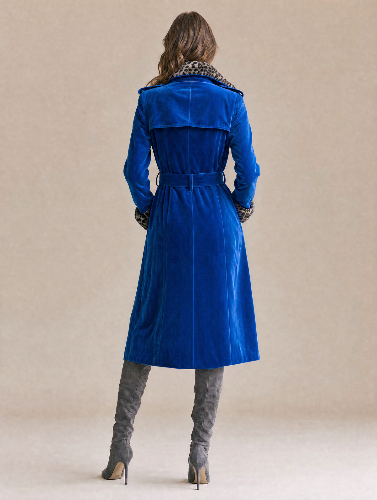 Royal Blue Velvet Double-Breasted Trench Coat With Leopard Print Lining And Cuffs