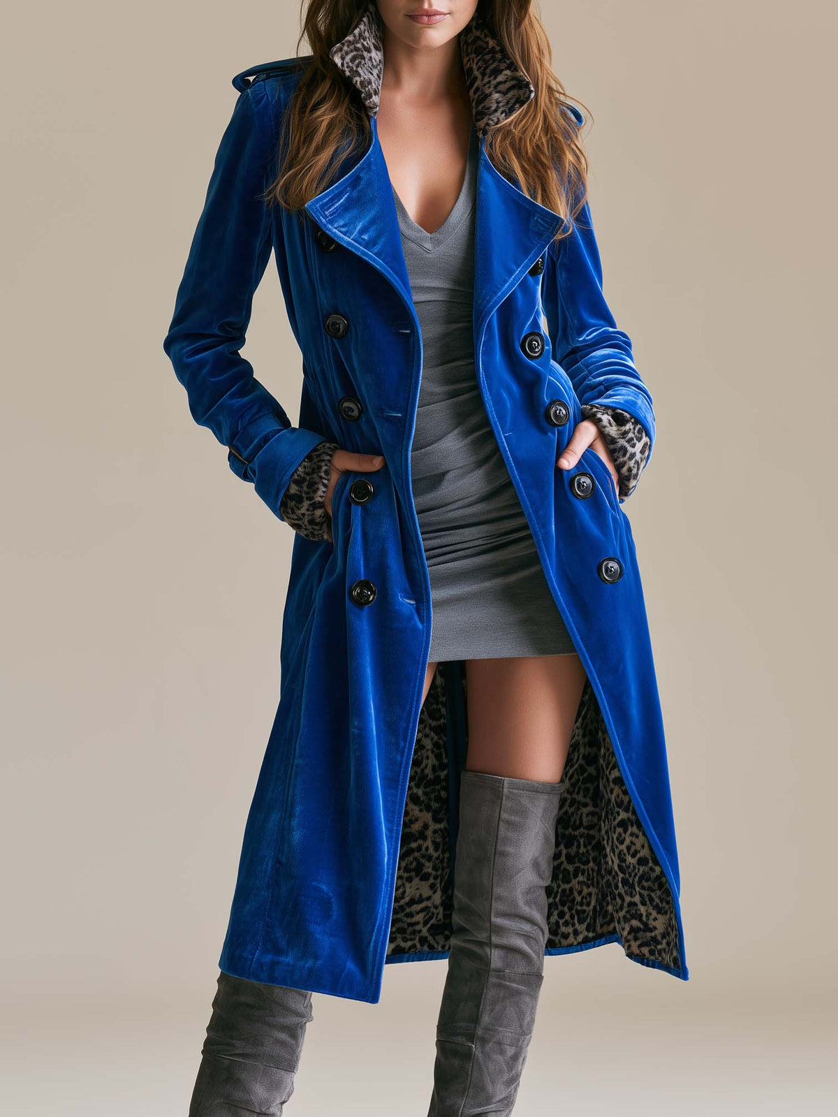 Royal Blue Velvet Double-Breasted Trench Coat With Leopard Print Lining And Cuffs