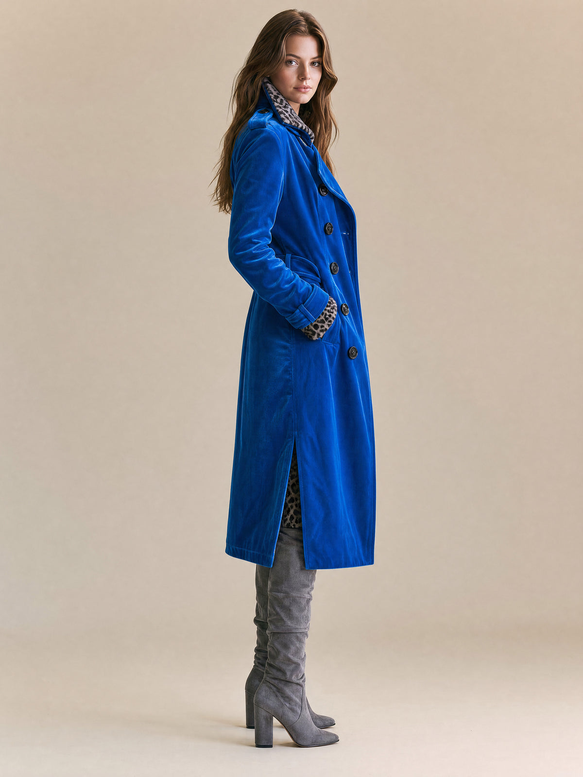 Royal Blue Velvet Double-Breasted Trench Coat With Leopard Print Lining And Cuffs