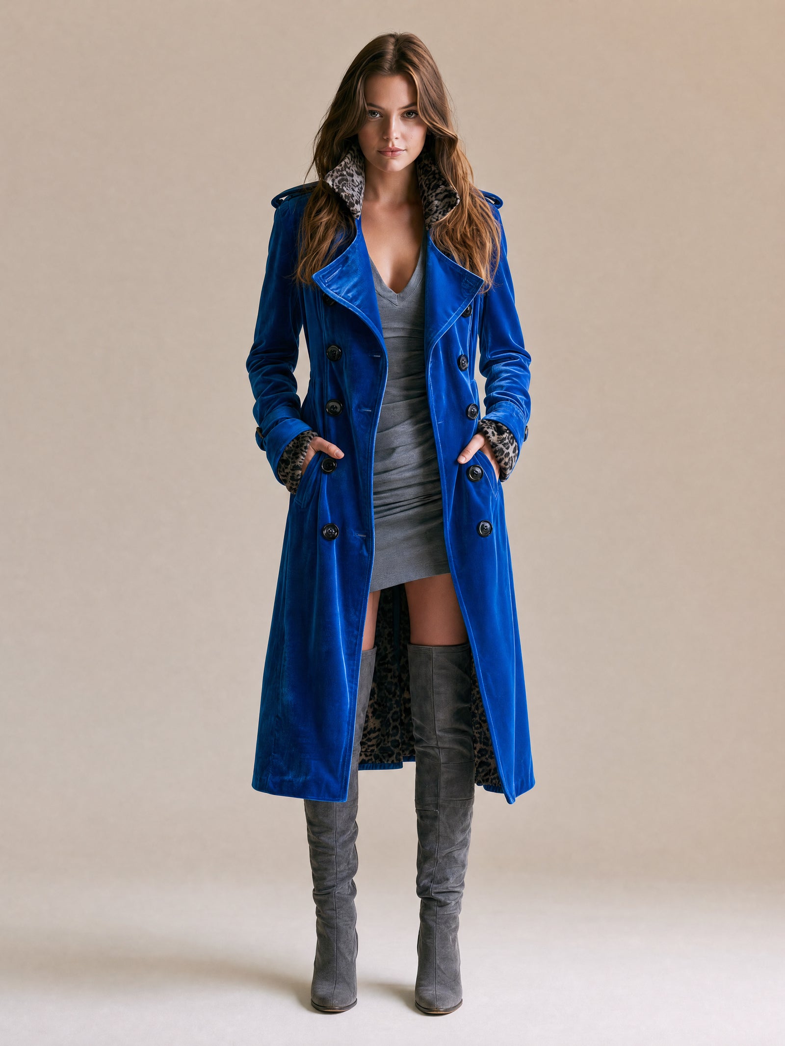 Royal Blue Velvet Double-Breasted Trench Coat With Leopard Print Lining And Cuffs