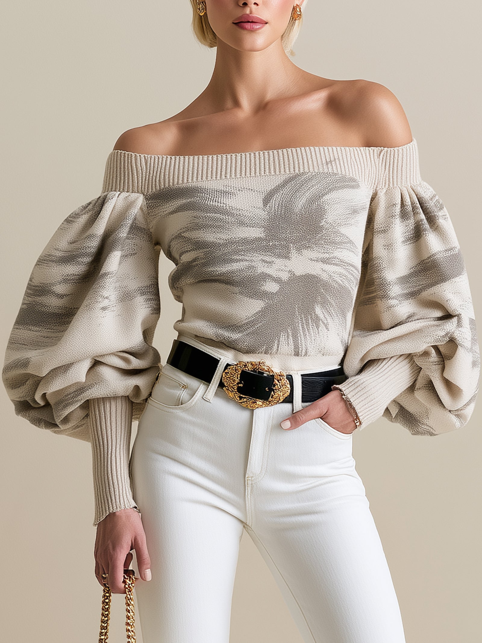 Ivory Off-Shoulder Abstract Print Balloon Sleeve Knit Sweater