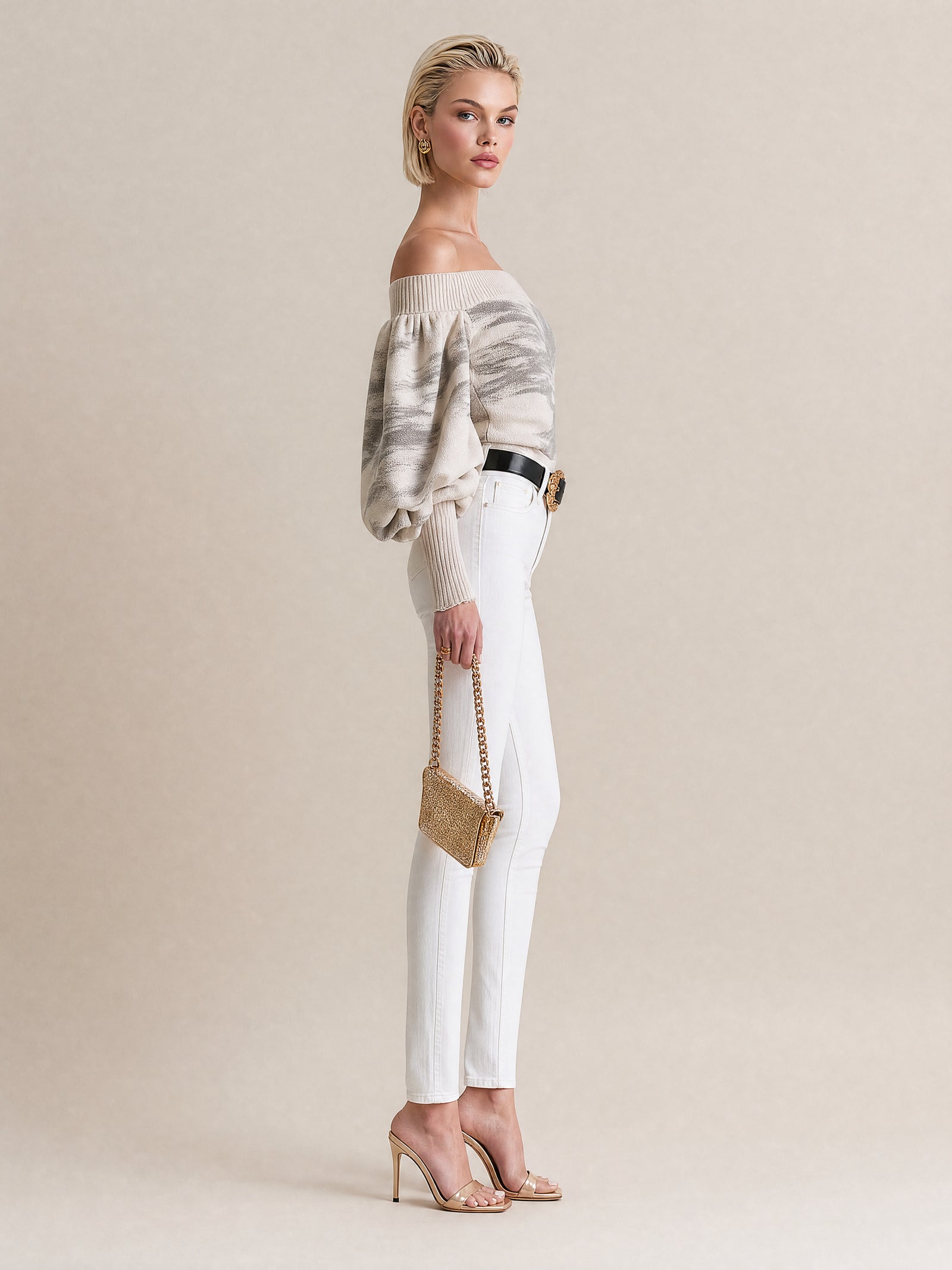 Ivory Off-Shoulder Abstract Print Balloon Sleeve Knit Sweater