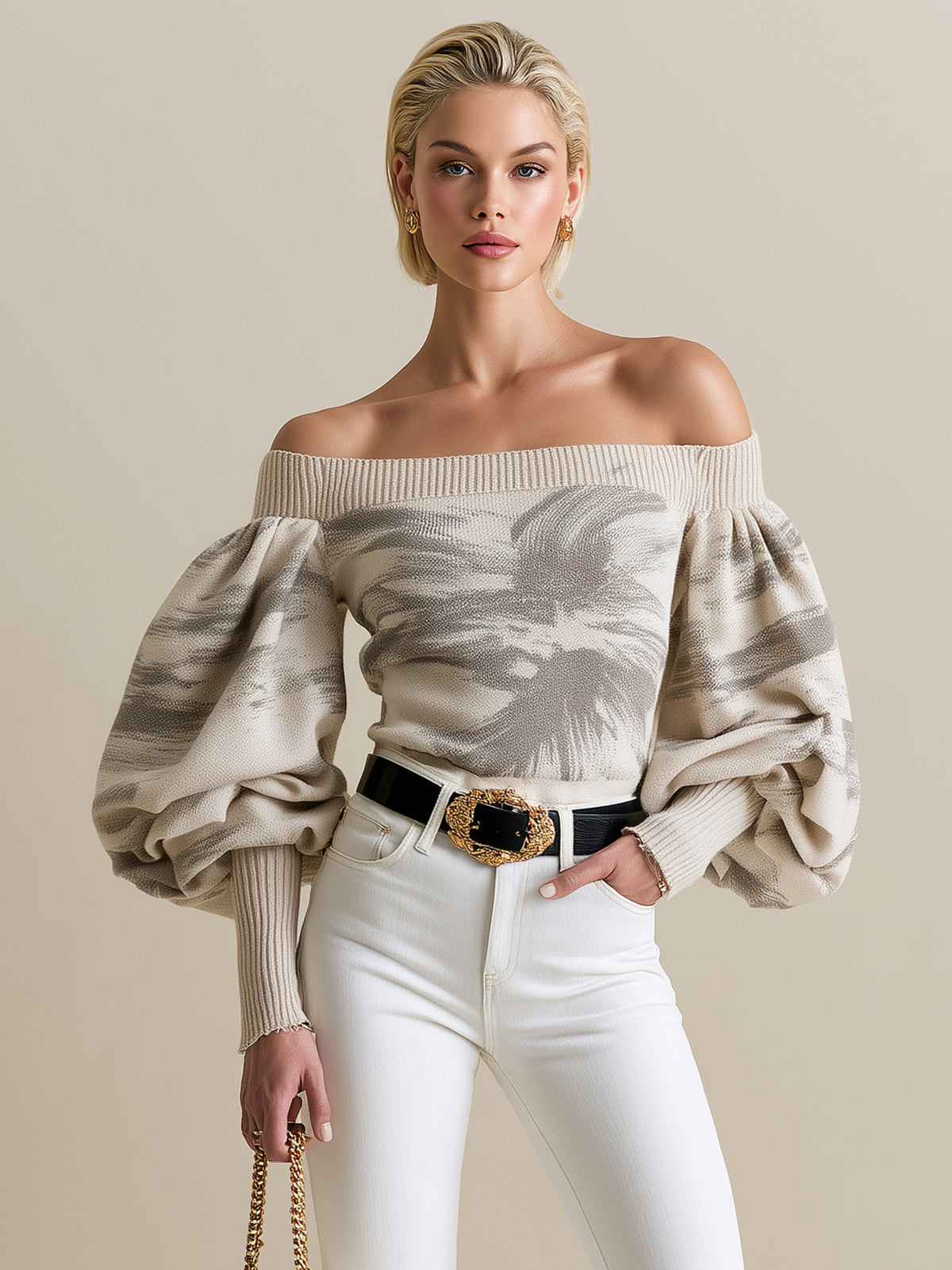 Ivory Off-Shoulder Abstract Print Balloon Sleeve Knit Sweater