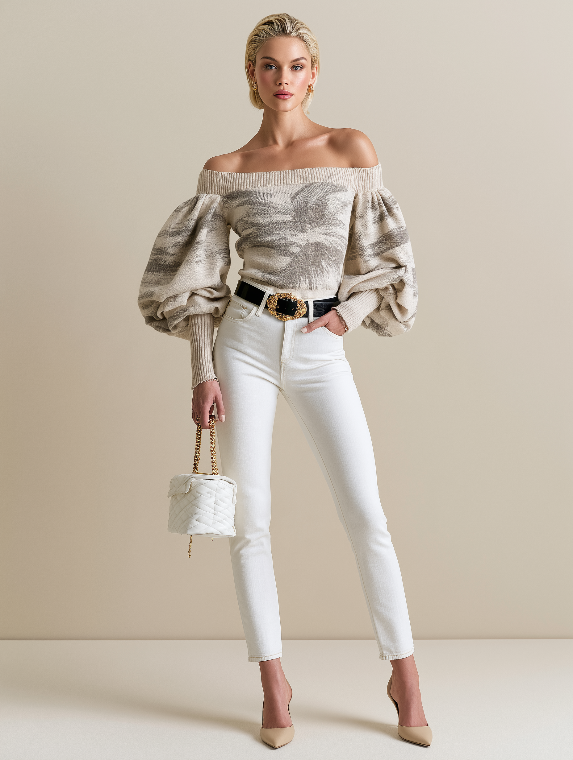 Ivory Off-Shoulder Abstract Print Balloon Sleeve Knit Sweater