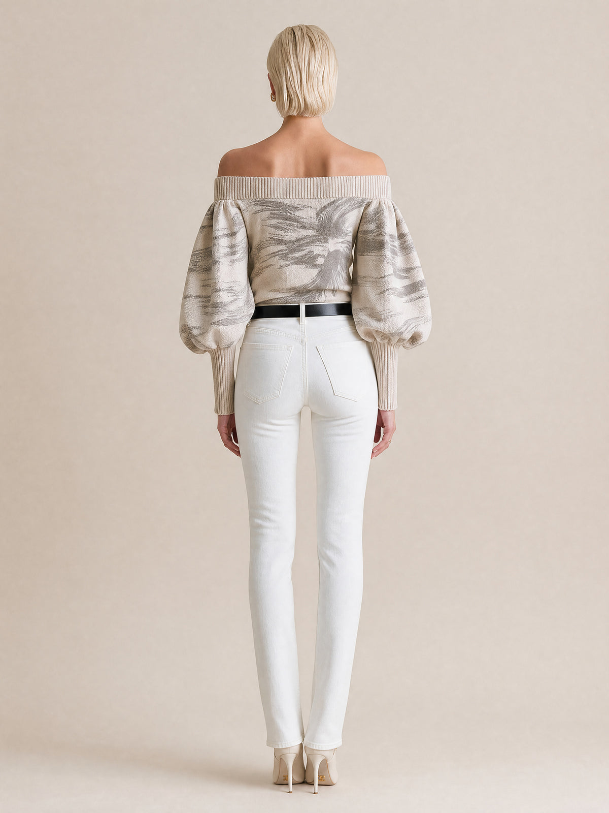 Ivory Off-Shoulder Abstract Print Balloon Sleeve Knit Sweater