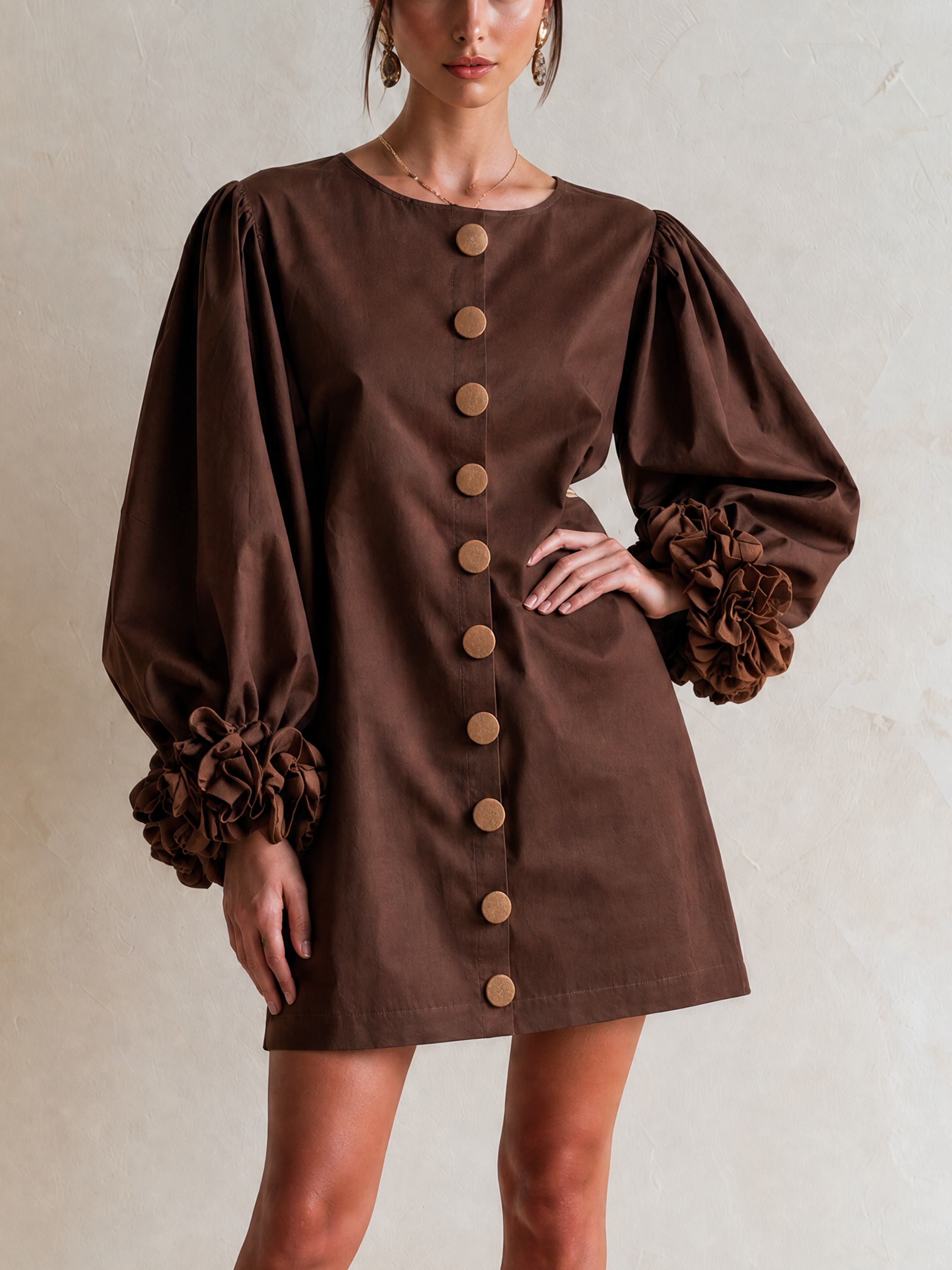 Elegant Deep Coffee Brown Cotton-Feel Dress With Floral Cuff Details