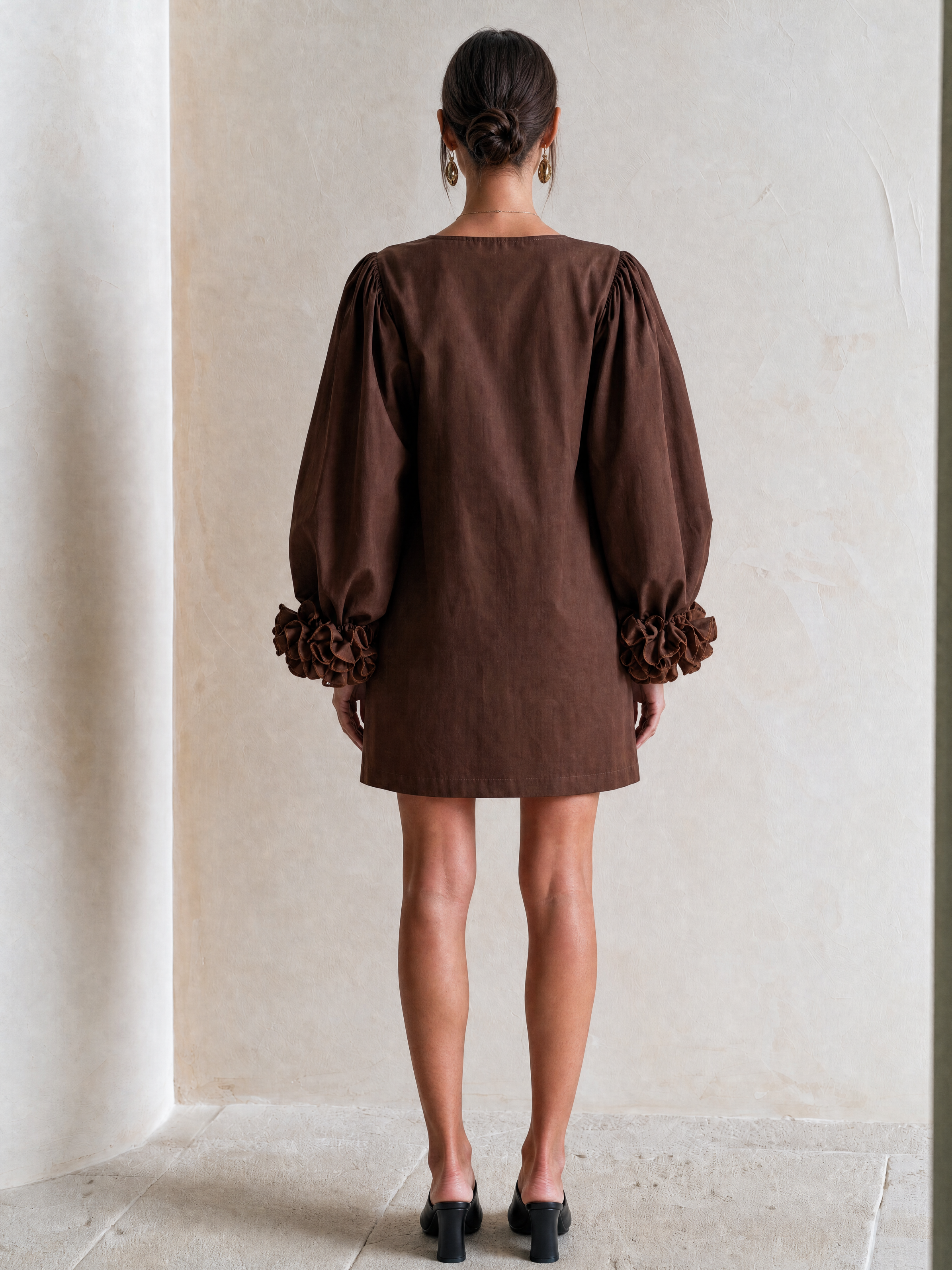 Elegant Deep Coffee Brown Cotton-Feel Dress With Floral Cuff Details