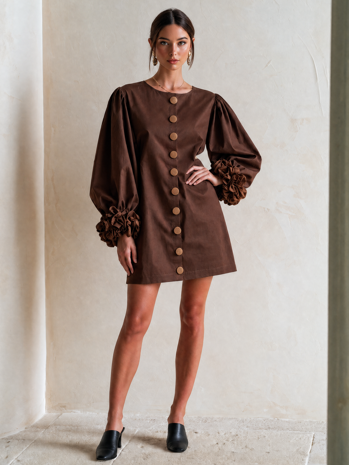 Elegant Deep Coffee Brown Cotton-Feel Dress With Floral Cuff Details