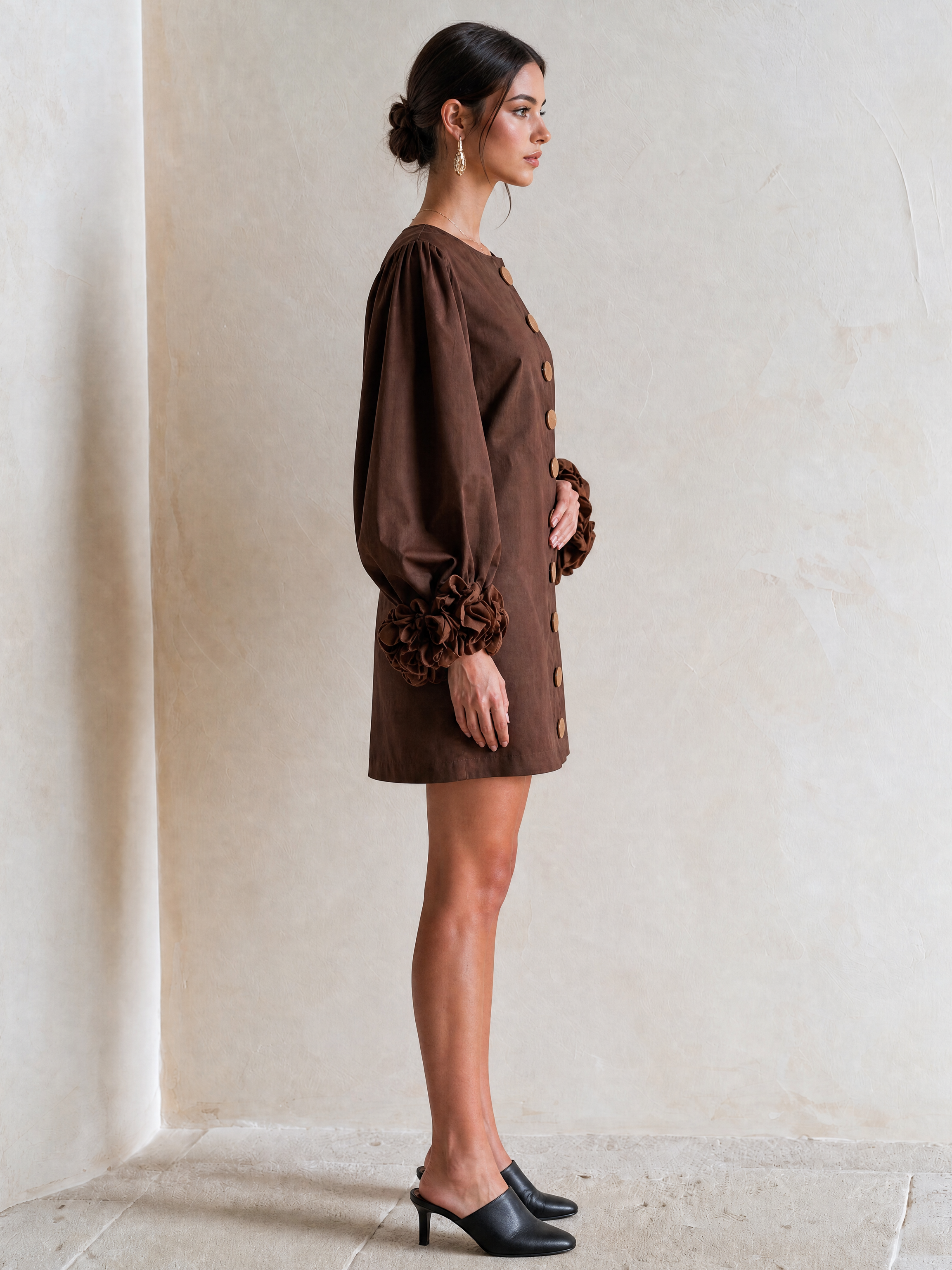 Elegant Deep Coffee Brown Cotton-Feel Dress With Floral Cuff Details