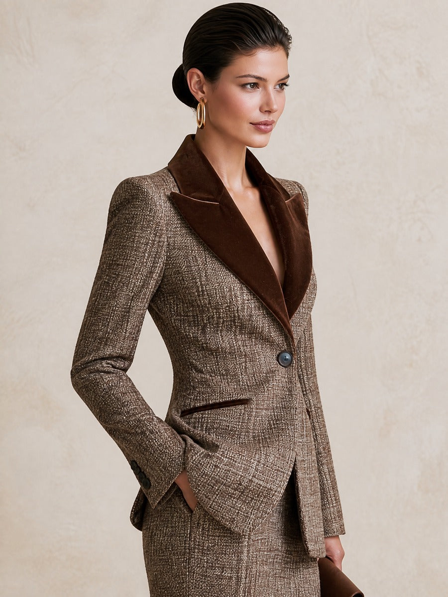 Brown Tweed Blazer With Velvet Lapel & Fitted Waist
