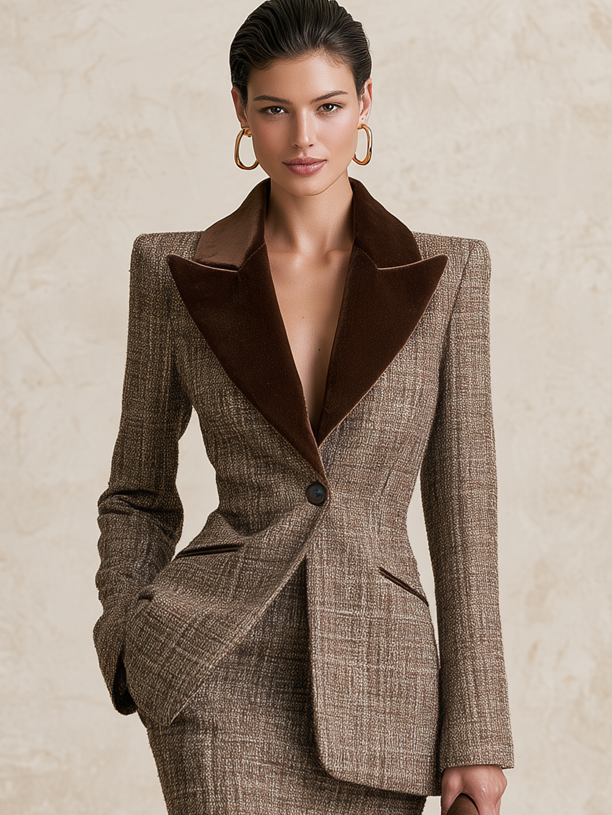 Brown Tweed Blazer With Velvet Lapel & Fitted Waist