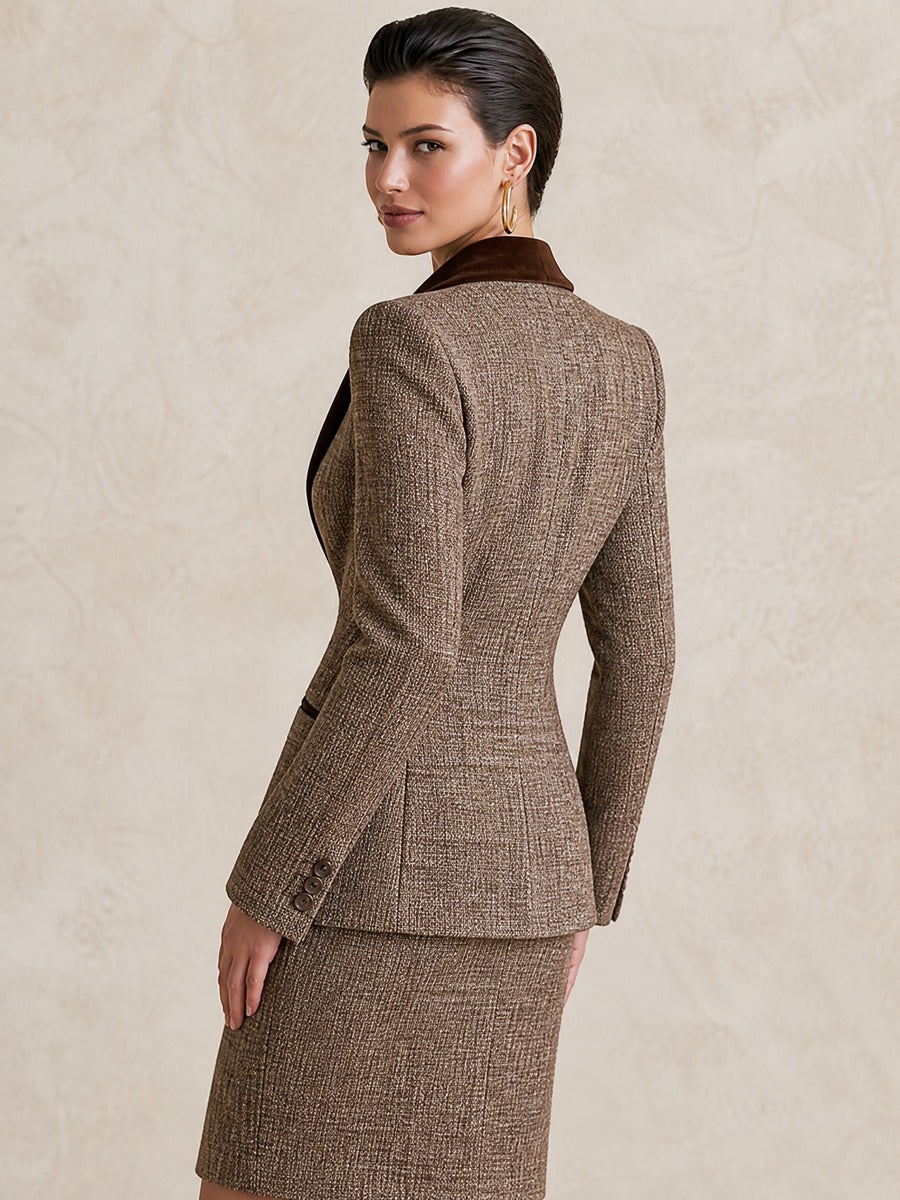 Brown Tweed Blazer With Velvet Lapel & Fitted Waist