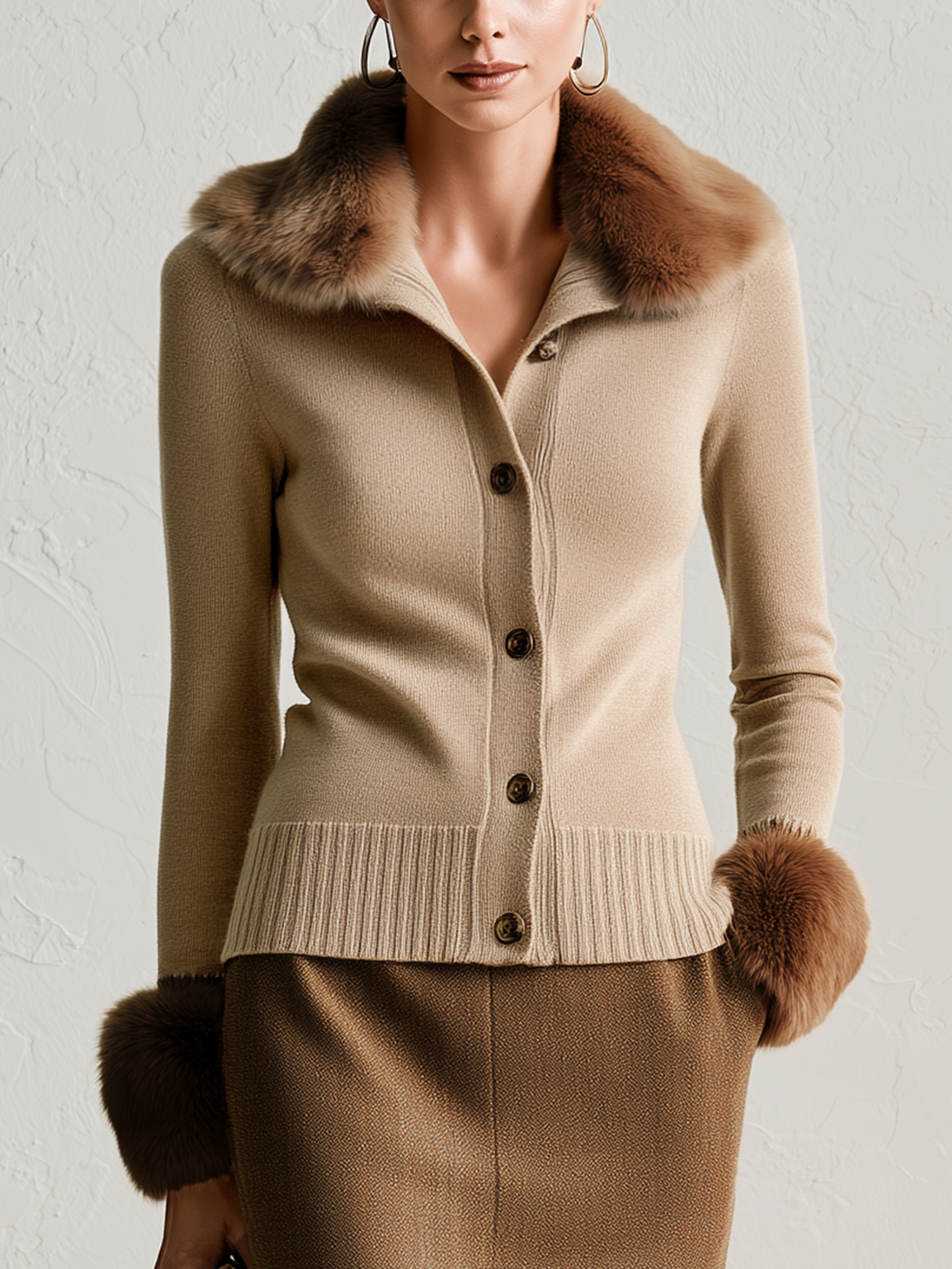 Oat Faux Fur Collar Ribbed Waist Long Sleeve Knit Cardigan