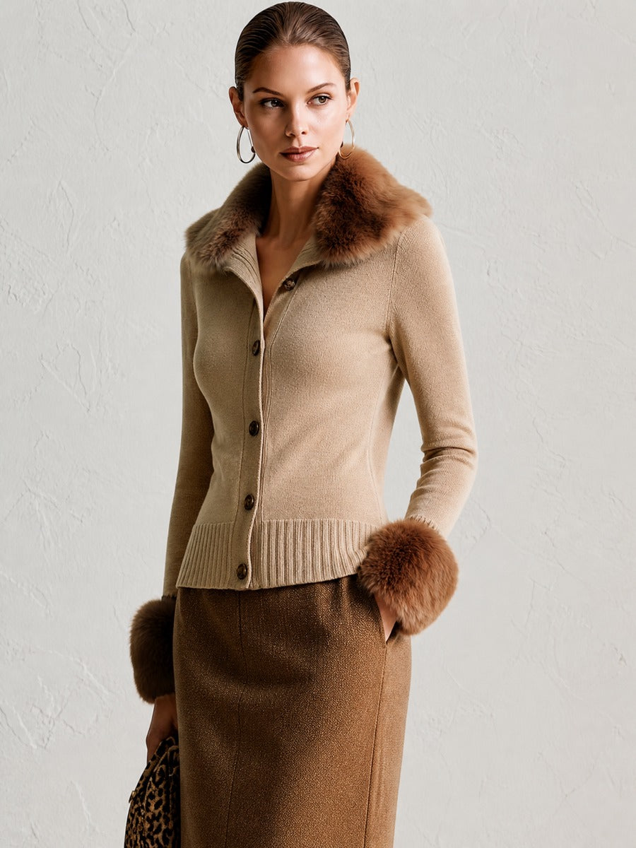 Oat Faux Fur Collar Ribbed Waist Long Sleeve Knit Cardigan