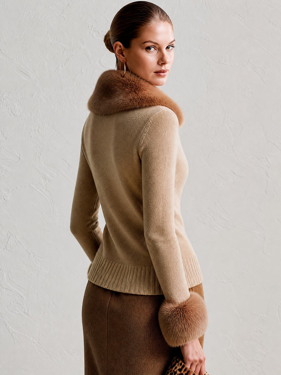 Oat Faux Fur Collar Ribbed Waist Long Sleeve Knit Cardigan