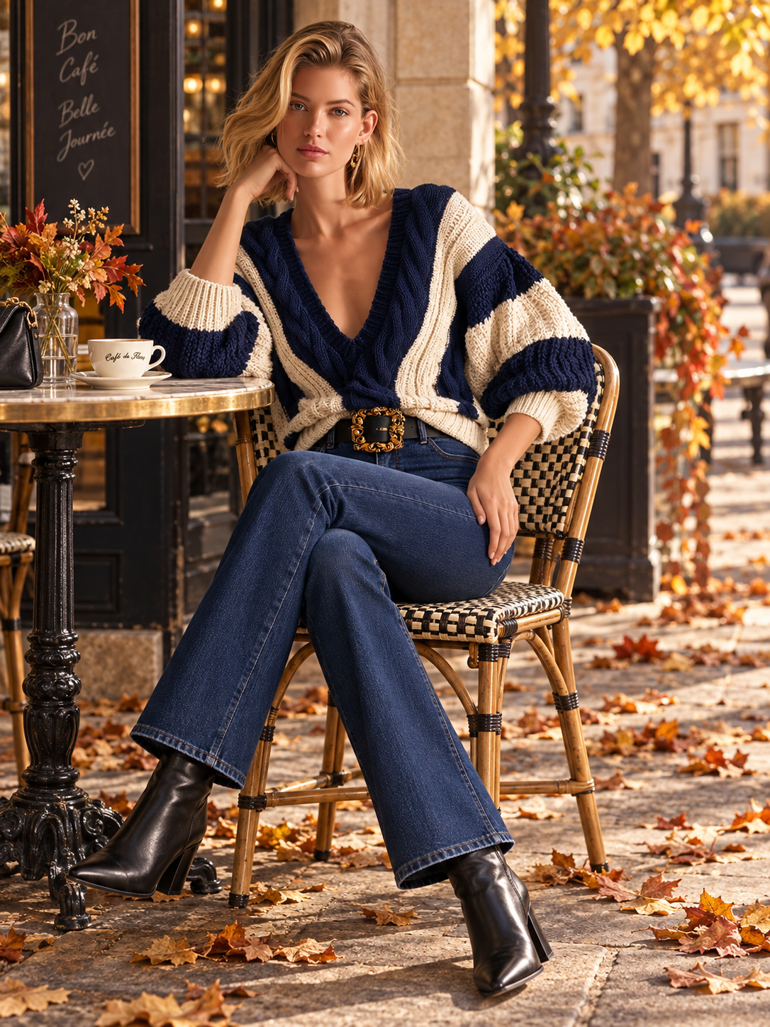 Navy And Cream Striped V-Neck Chunky Knit Sweater With Balloon Sleeves