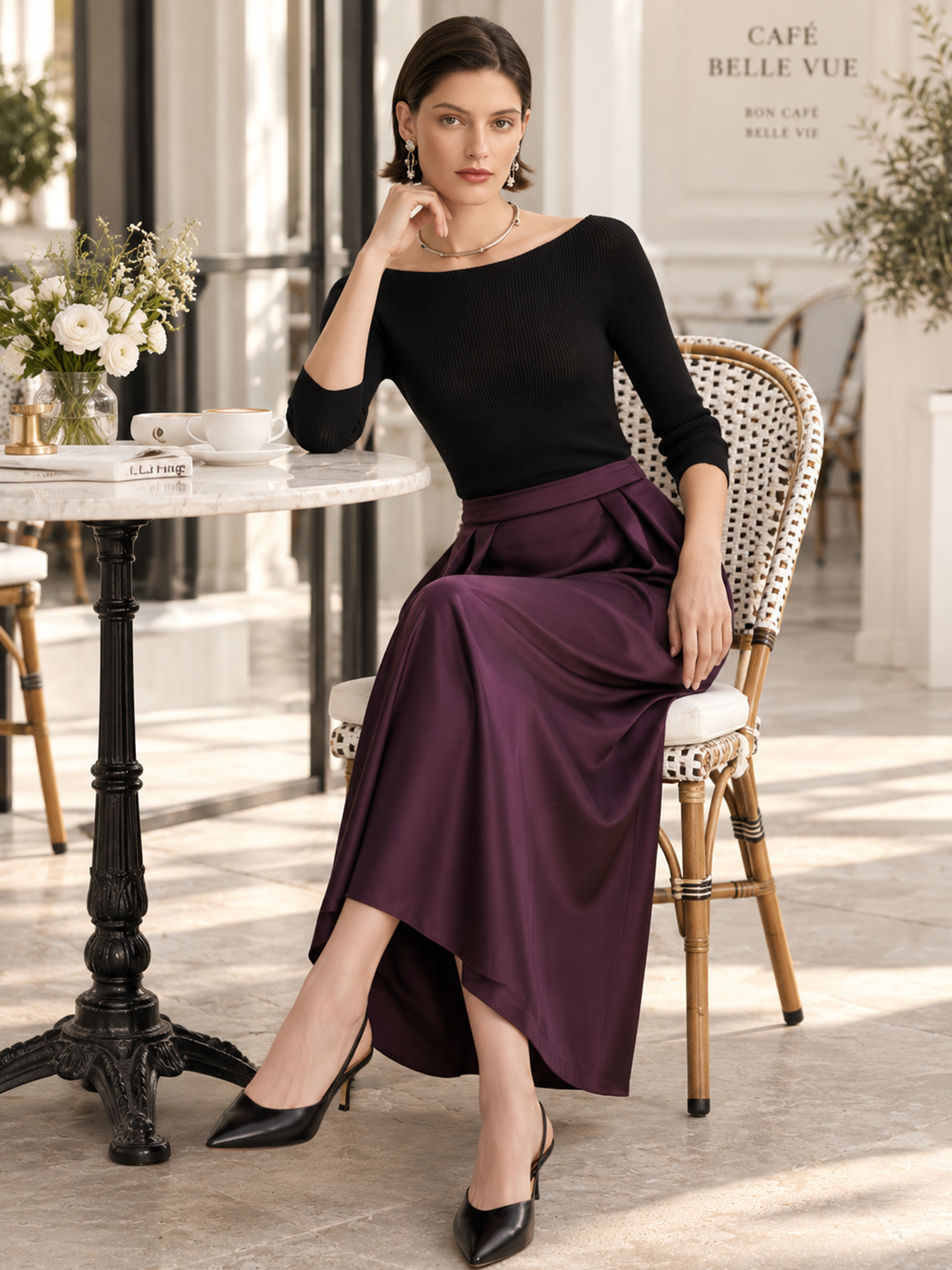 Elegant Black Boat Neck Knit Top & Jewel Purple Satin Maxi Skirt Set