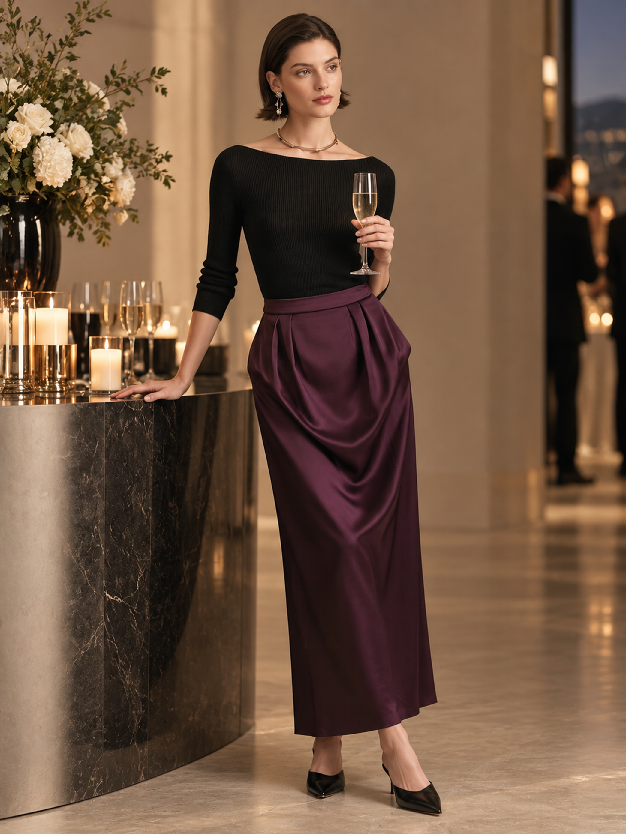 Elegant Black Boat Neck Knit Top & Jewel Purple Satin Maxi Skirt Set