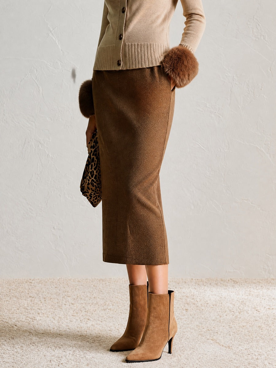 Caramel Brown Textured High Waist Midi Pencil Skirt