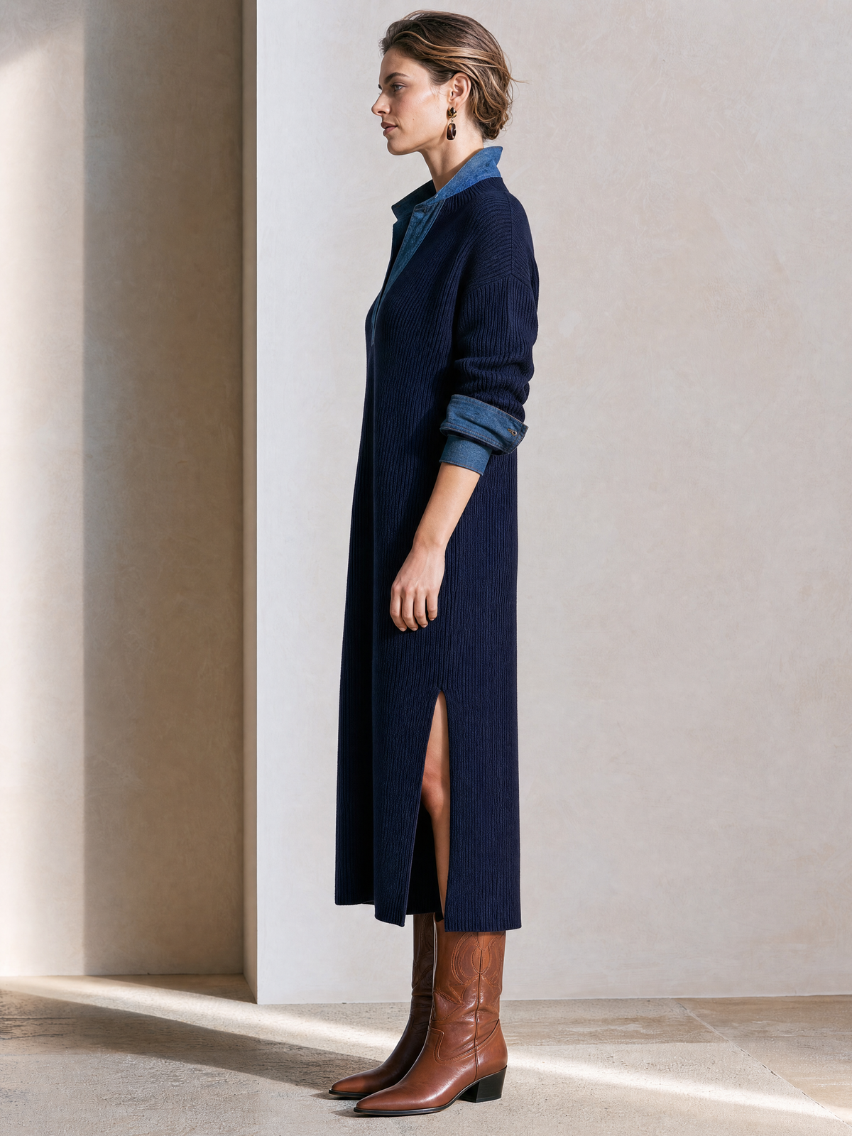 Elegant Navy Blue Knit Midi Dress With Denim-Trimmed Collar