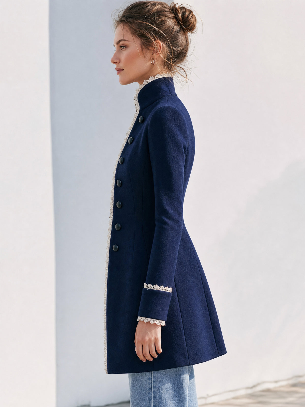Navy Lace Trim Stand Collar Coat