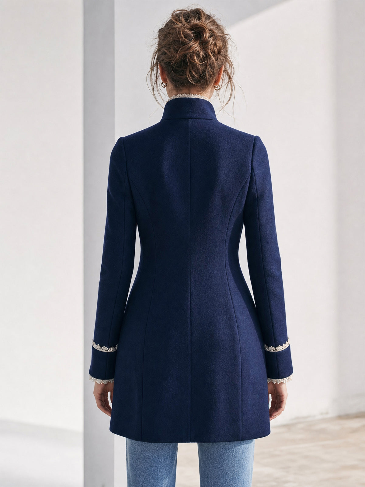 Navy Lace Trim Stand Collar Coat