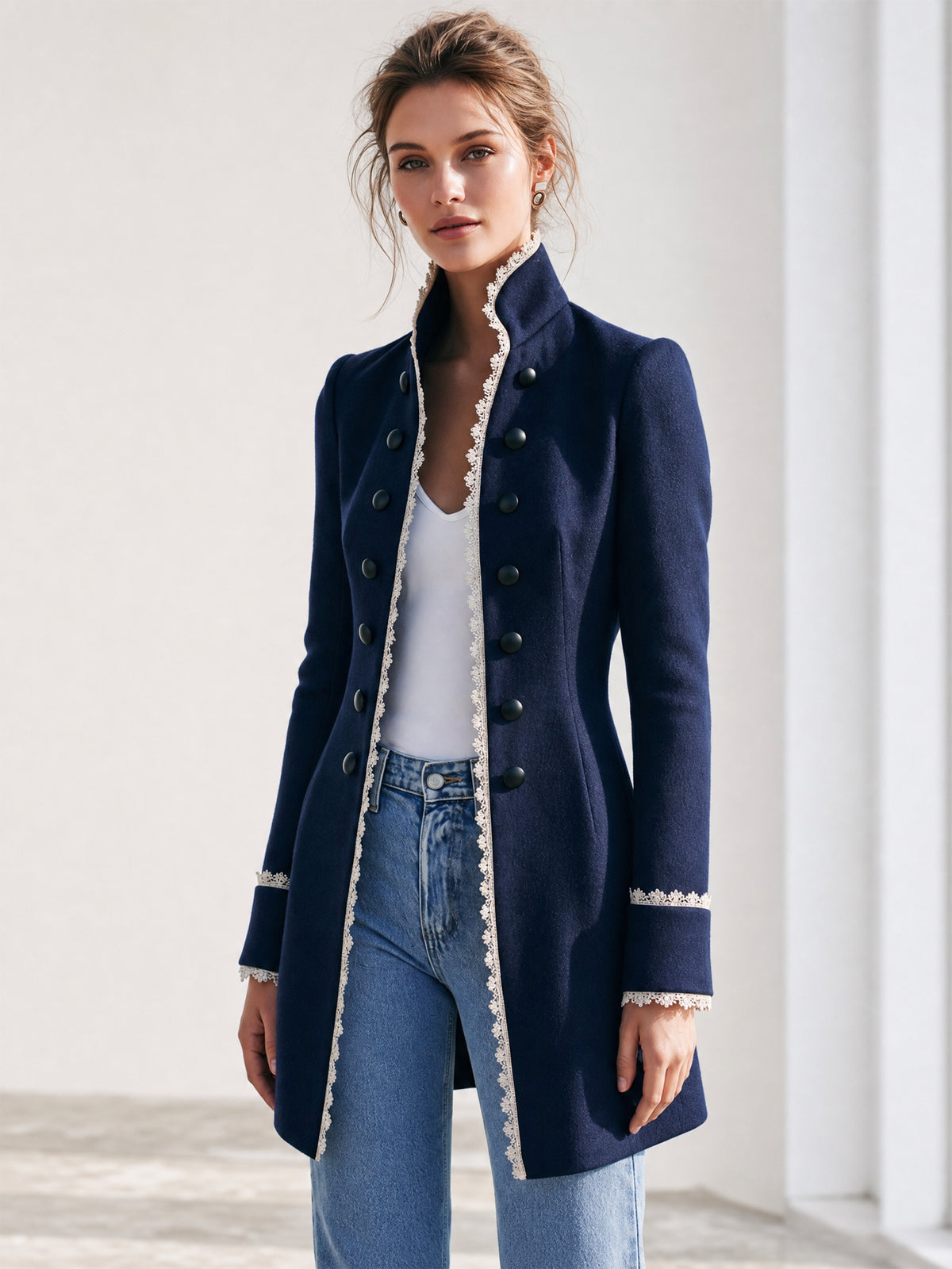 Navy Lace Trim Stand Collar Coat