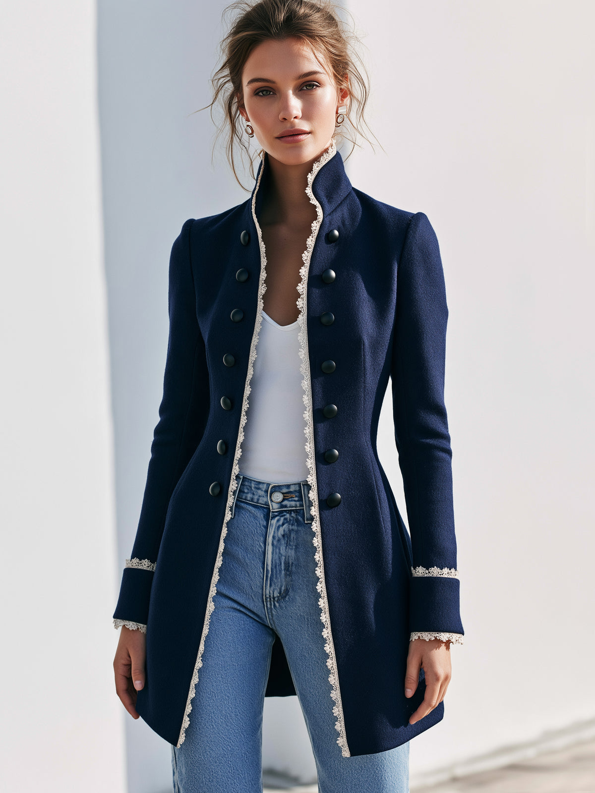 Navy Lace Trim Stand Collar Coat