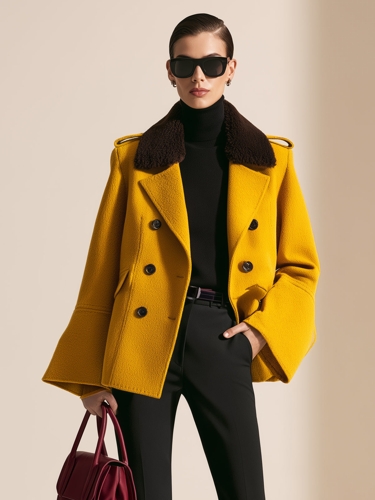 Mustard Double-Breasted Wool-Blend Coat With Faux Fur Collar And Flared Sleeves