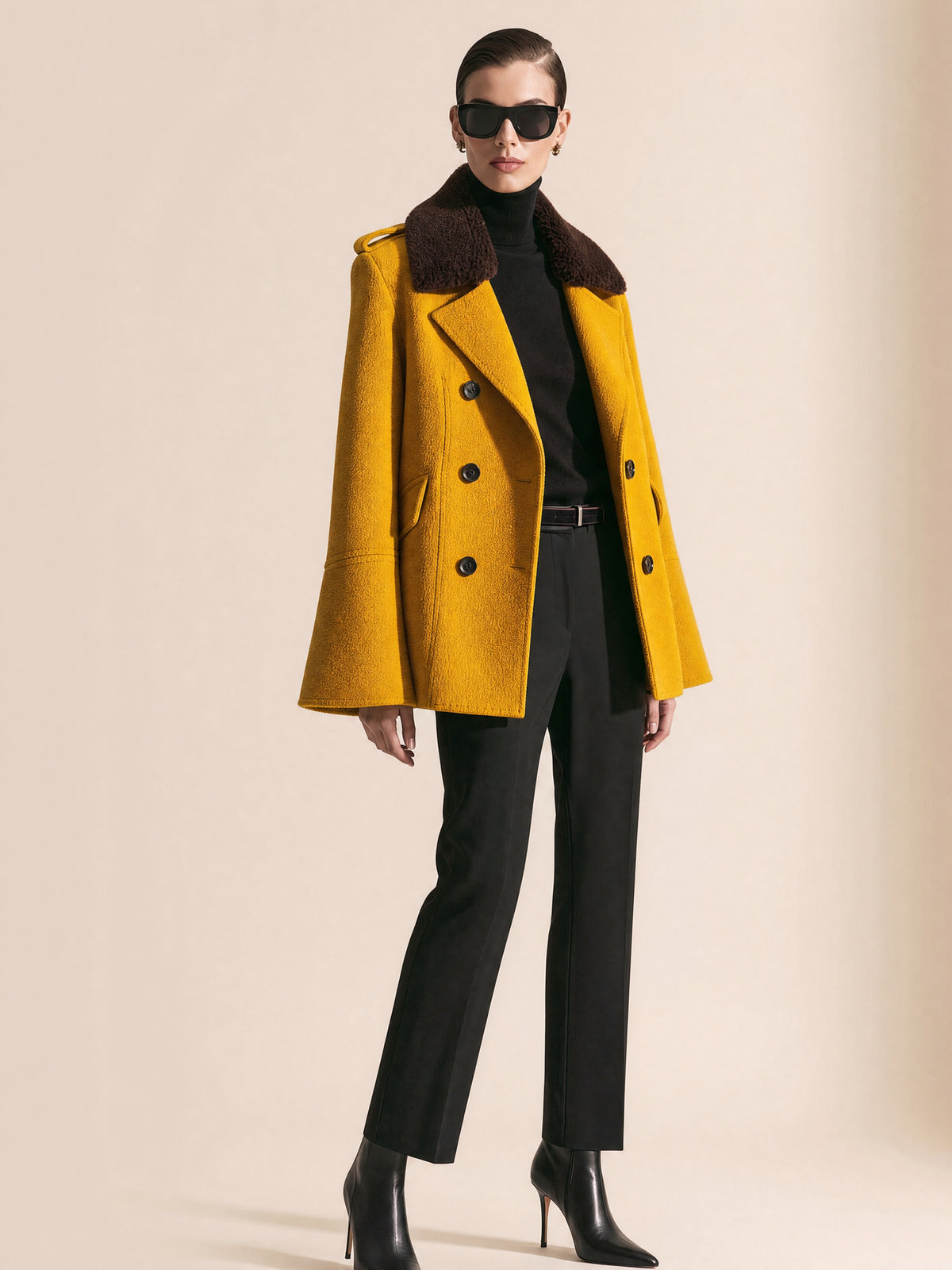 Mustard Double-Breasted Wool-Blend Coat With Faux Fur Collar And Flared Sleeves