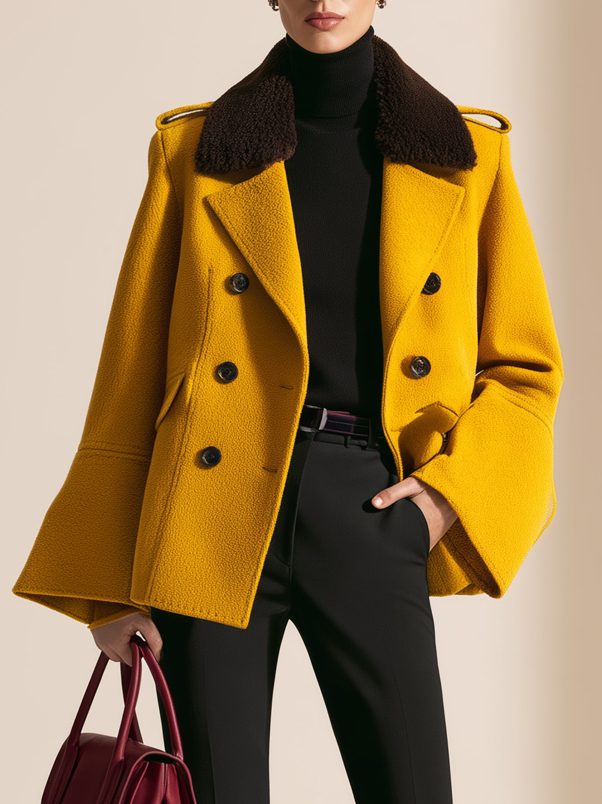 Mustard Double-Breasted Wool-Blend Coat With Faux Fur Collar And Flared Sleeves
