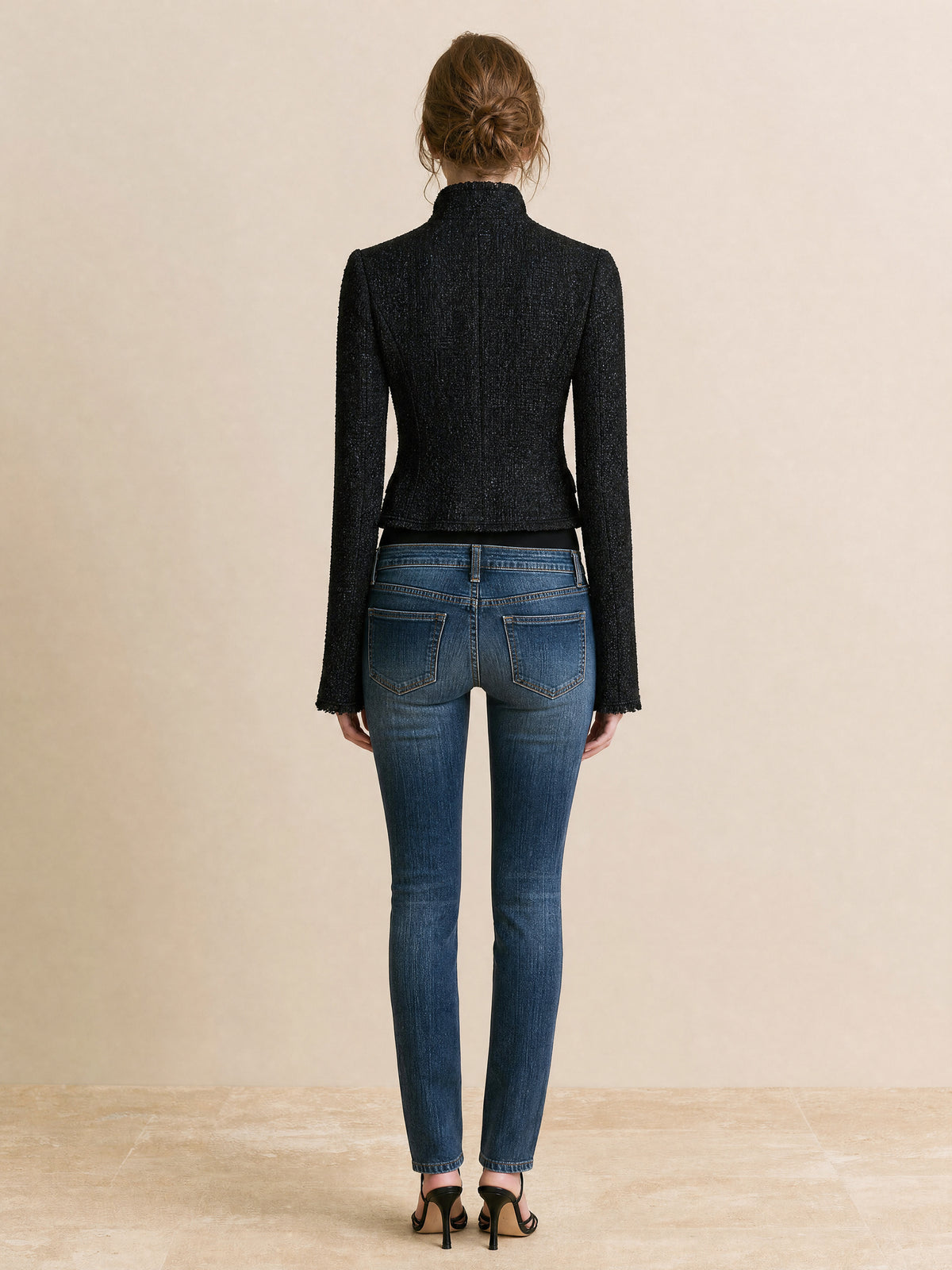 Black Textured Cropped Military-style Jacket With A Double-breasted Design