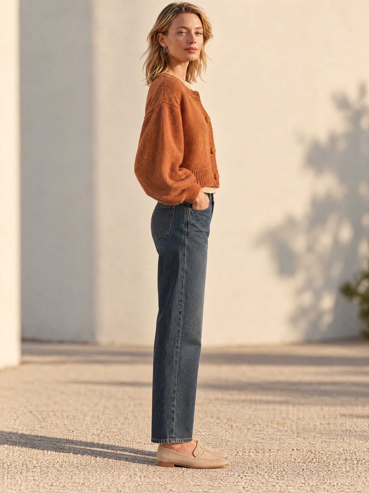Rust Brown Fuzzy Knit Cropped Cardigan With Balloon Sleeves And Button Front