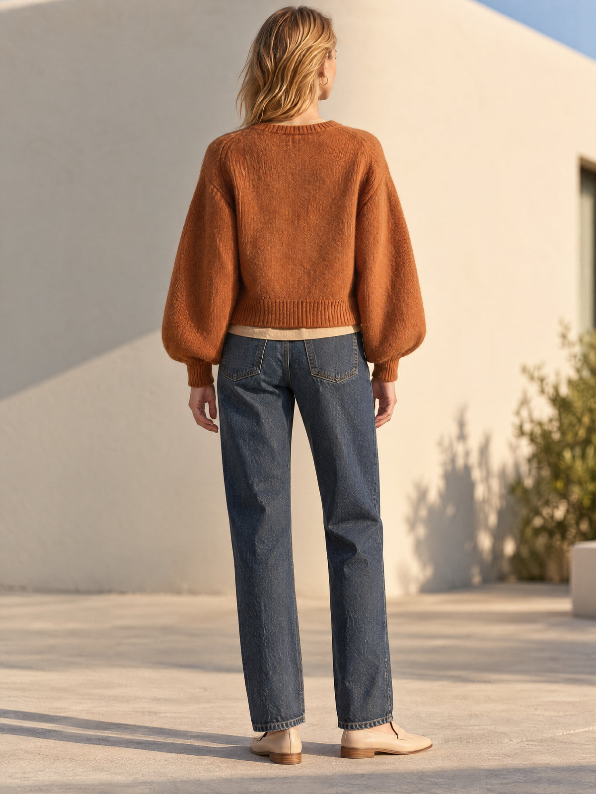Rust Brown Fuzzy Knit Cropped Cardigan With Balloon Sleeves And Button Front