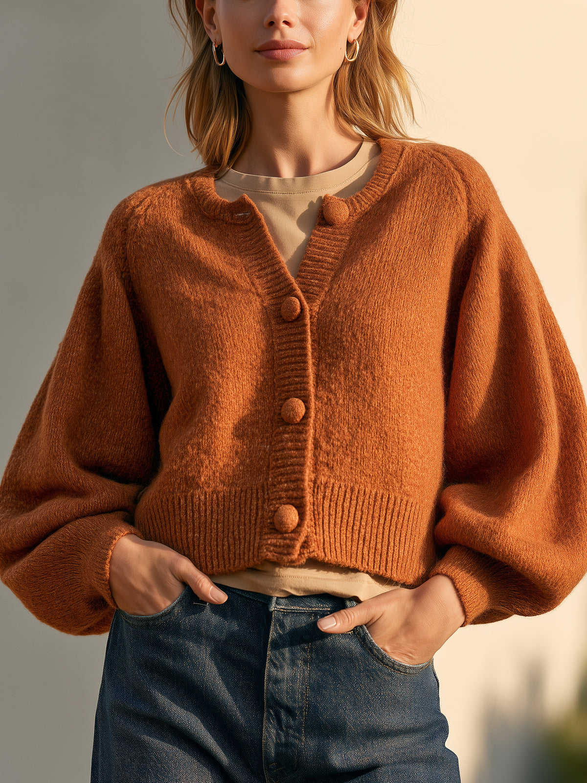 Rust Brown Fuzzy Knit Cropped Cardigan With Balloon Sleeves And Button Front