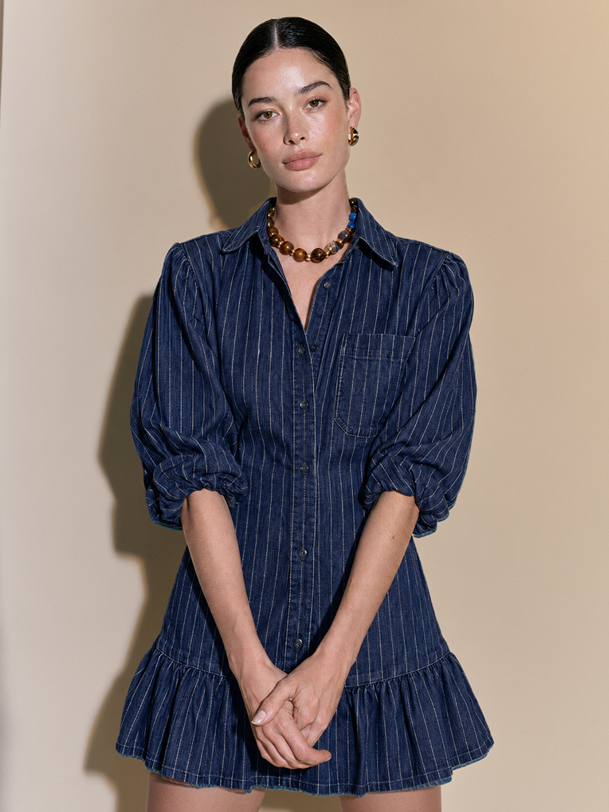 Indigo Pinstripe Denim Puff-Sleeve Drop-Waist Ruffle Hem Mini Shirt Dress