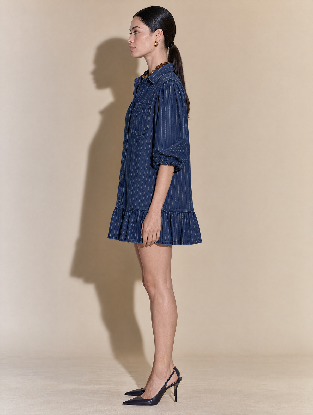 Indigo Pinstripe Denim Puff-Sleeve Drop-Waist Ruffle Hem Mini Shirt Dress