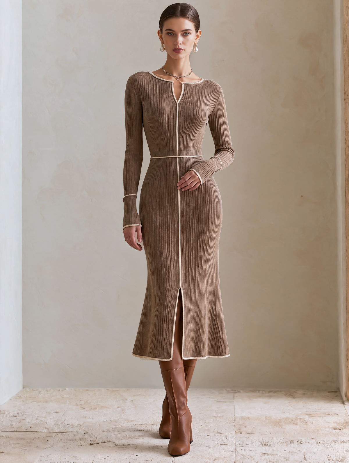 Elegant Taupe Knit Midi Dress With White Contrast Piping & Front Slit