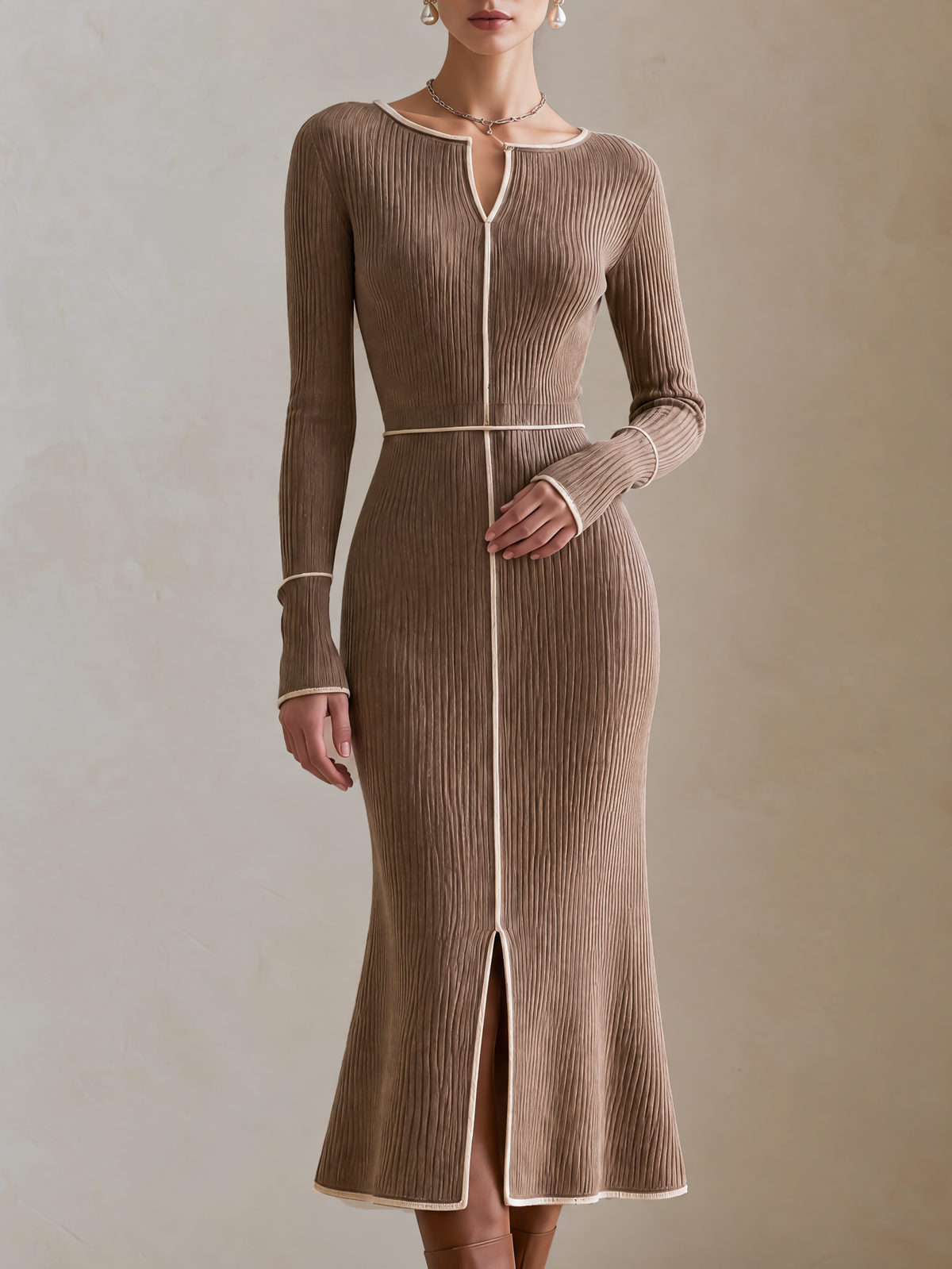 Elegant Taupe Knit Midi Dress With White Contrast Piping & Front Slit