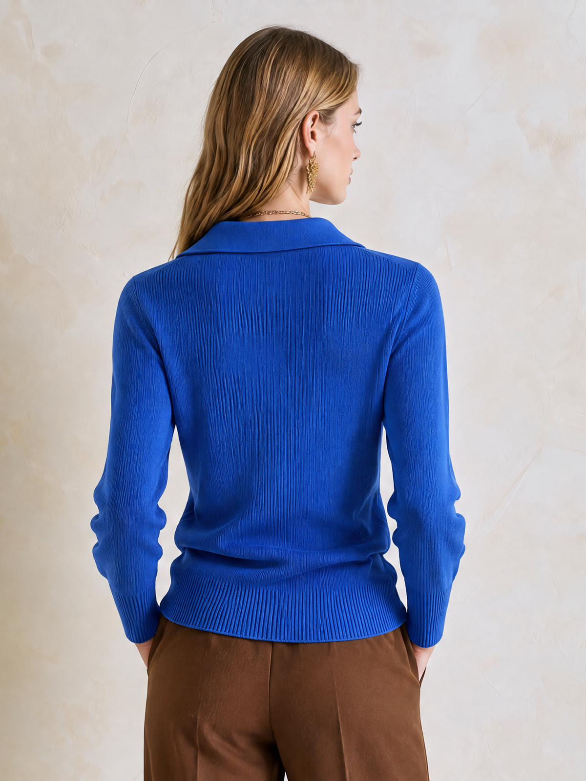 Elegant Royal Blue Polo-Collar Knit Top With Gold-Tone Button Details
